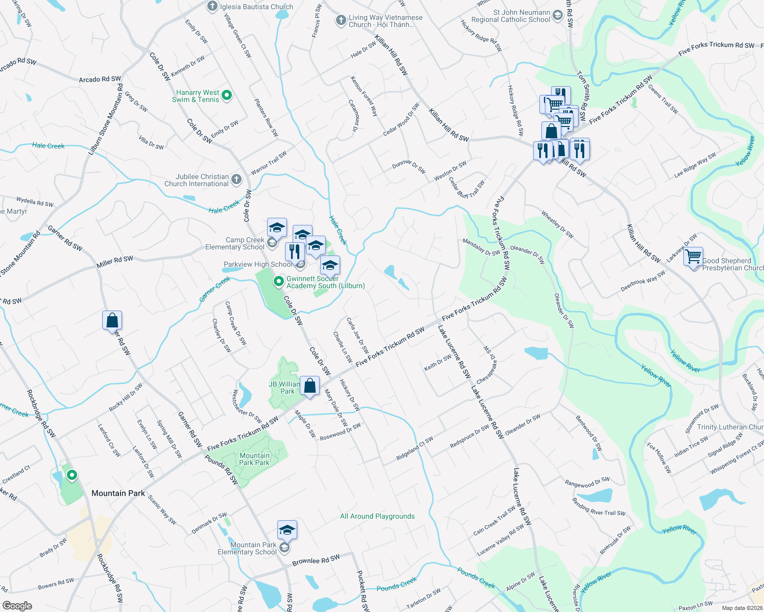 map of restaurants, bars, coffee shops, grocery stores, and more near 4644 Jefferson Lane Southwest in Lilburn