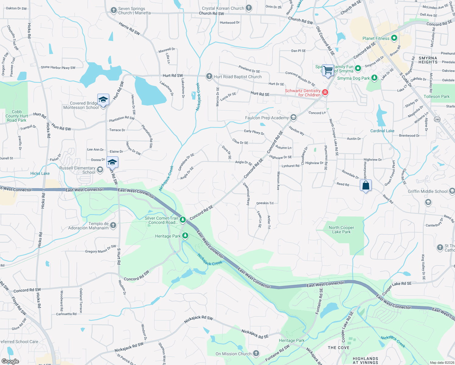 map of restaurants, bars, coffee shops, grocery stores, and more near 3917 Concord Walk Dr SE in Smyrna