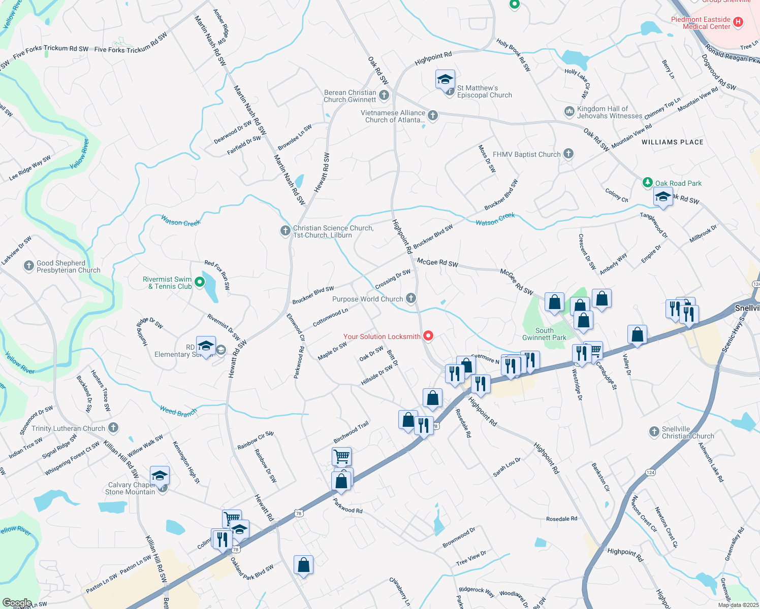 map of restaurants, bars, coffee shops, grocery stores, and more near 3312 Crossing Drive Southwest in Snellville