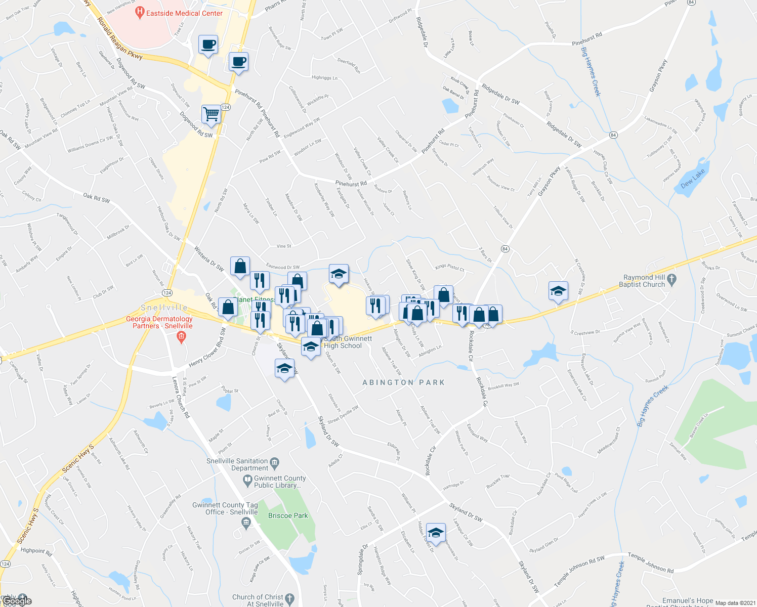 map of restaurants, bars, coffee shops, grocery stores, and more near 2360 Hickory Station Cir in Snellville