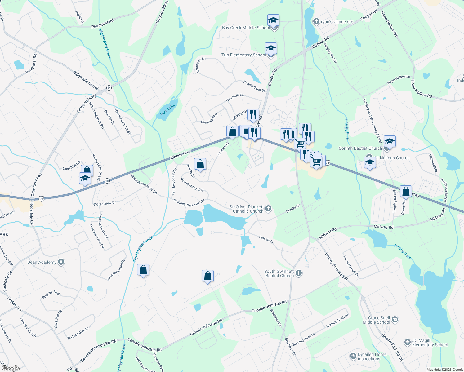 map of restaurants, bars, coffee shops, grocery stores, and more near 1251 Summit Links Ct in Snellville
