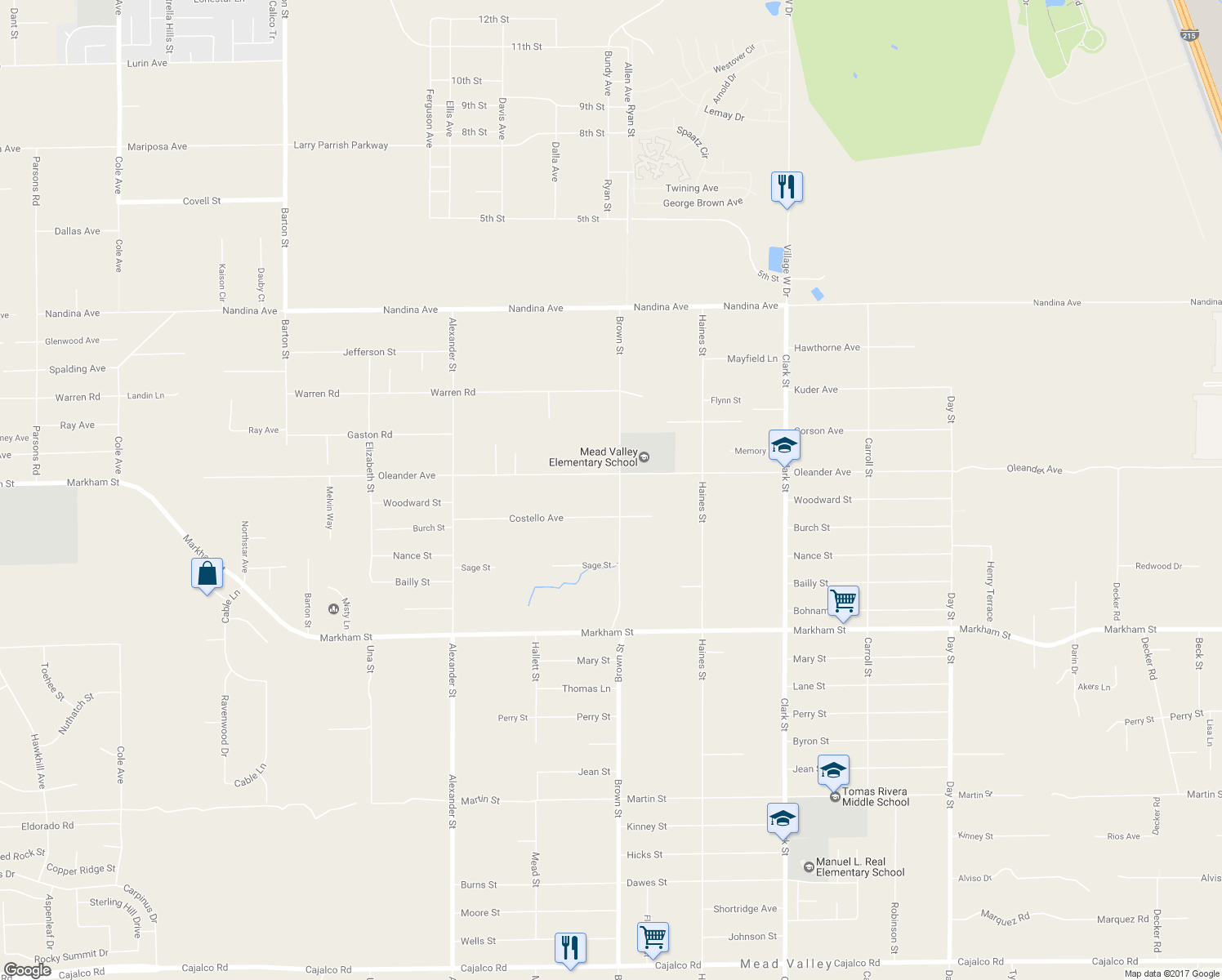 map of restaurants, bars, coffee shops, grocery stores, and more near 20975 Oleander Ave in Perris