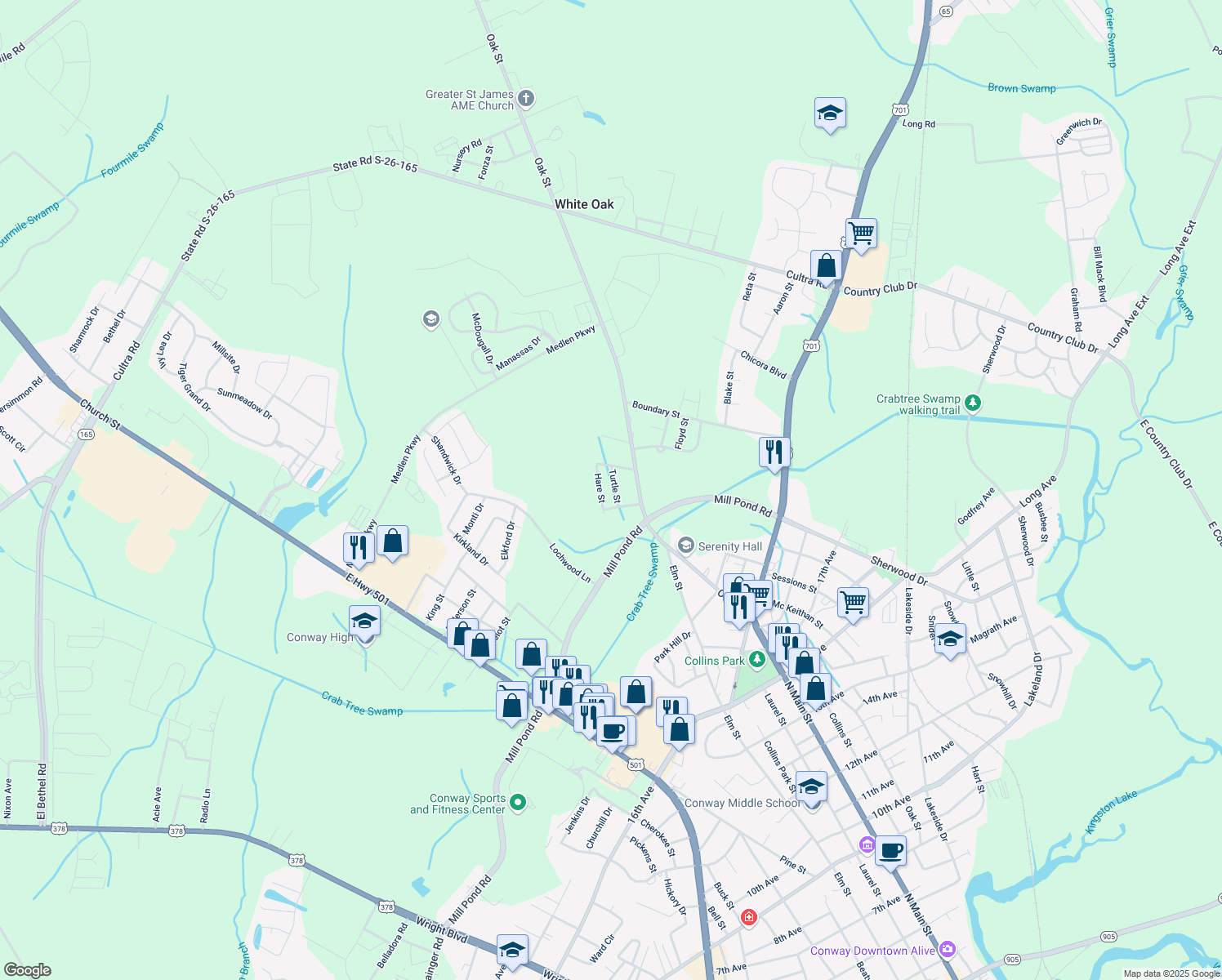 map of restaurants, bars, coffee shops, grocery stores, and more near 2215 Turtle St in Conway