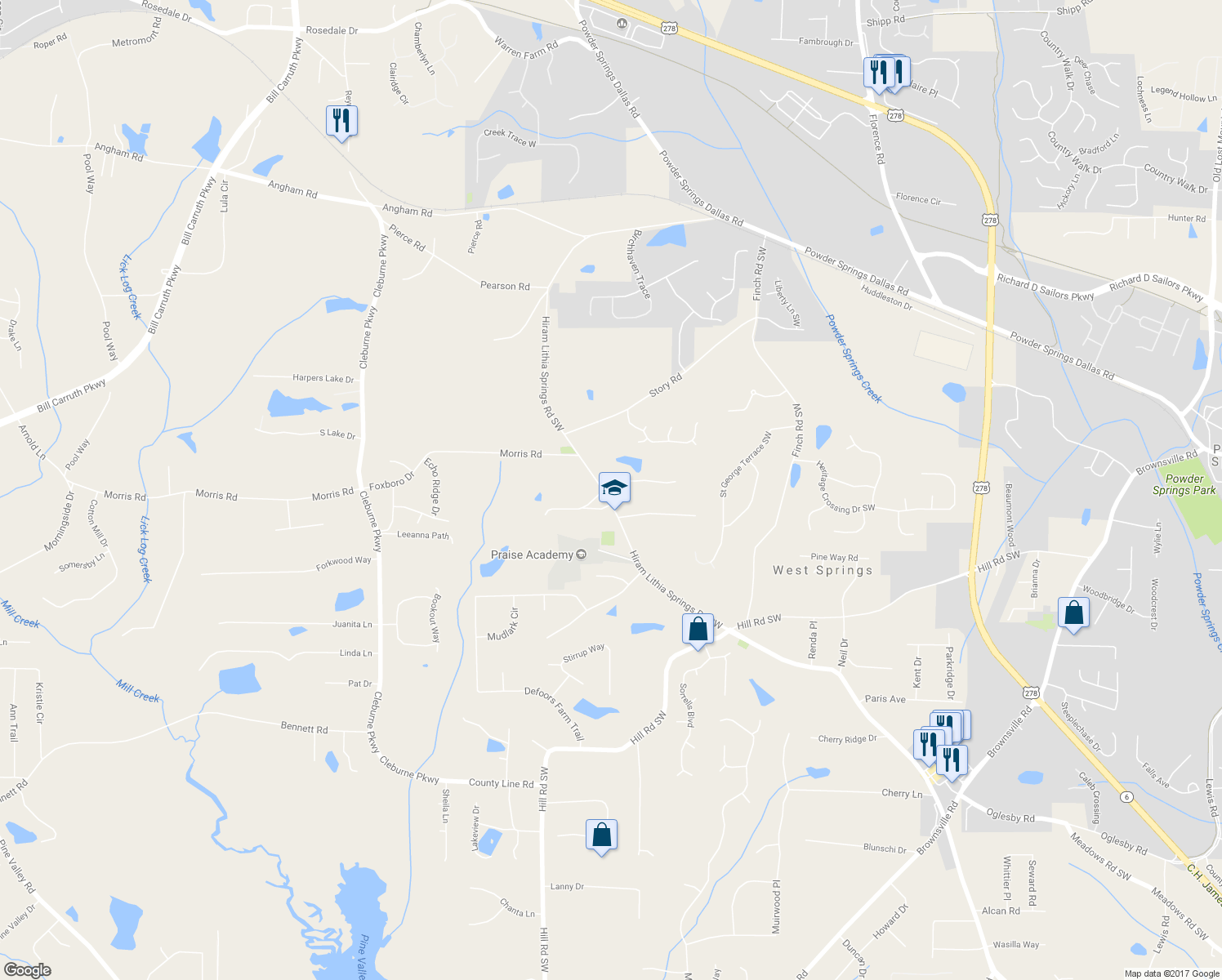 map of restaurants, bars, coffee shops, grocery stores, and more near 3965 Hiram Lithia Springs Road Southwest in Powder Springs