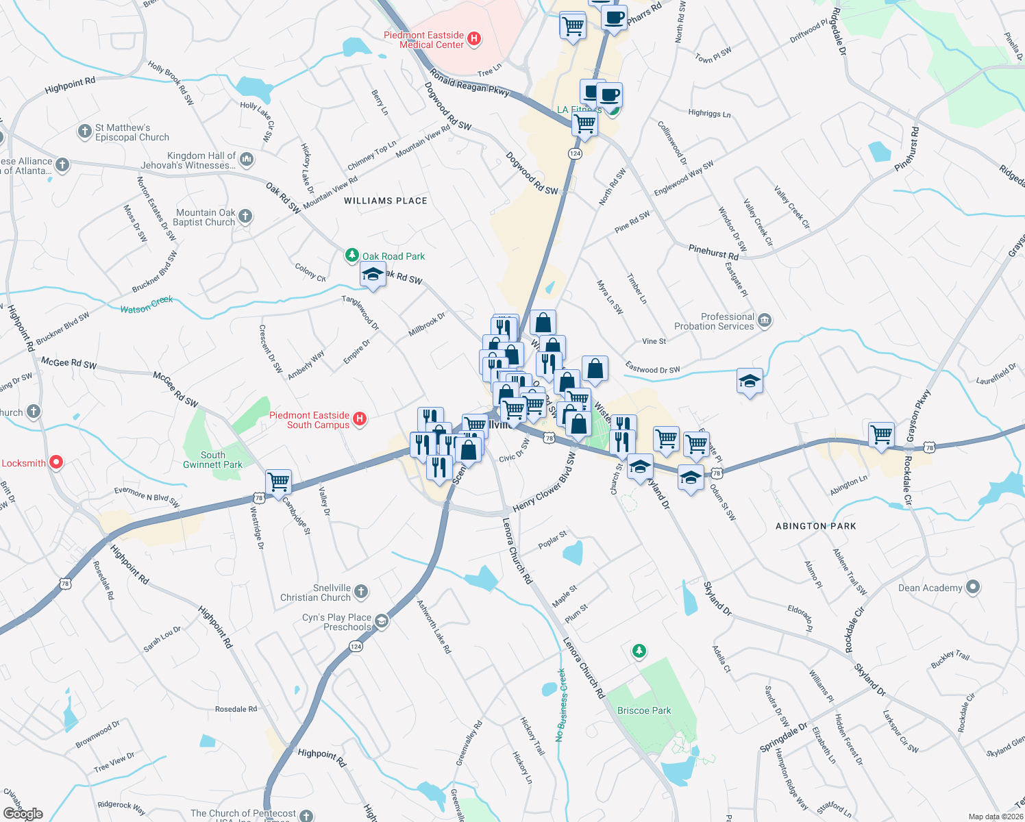 map of restaurants, bars, coffee shops, grocery stores, and more near 1934 Snellville Plaza in Snellville