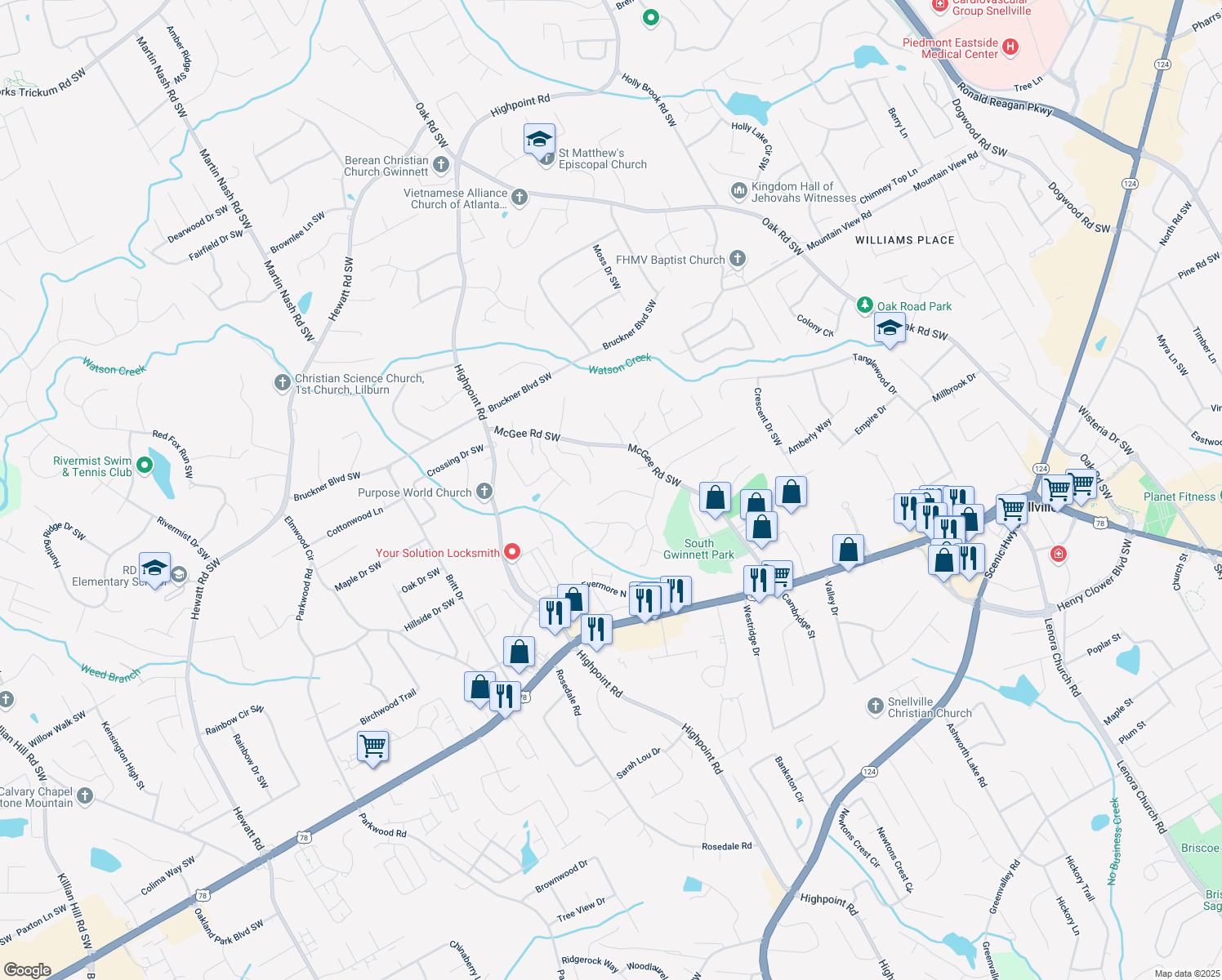 map of restaurants, bars, coffee shops, grocery stores, and more near 1916 Oakwood Grove Dr in Snellville