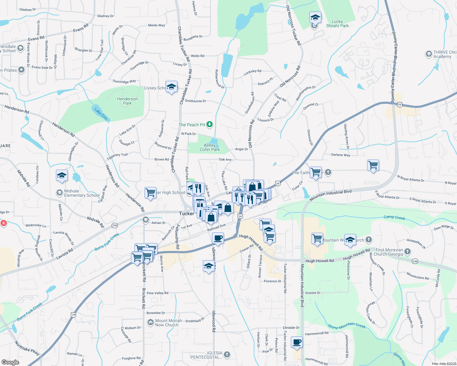 map of restaurants, bars, coffee shops, grocery stores, and more near 2473 Pine Lake Road in Tucker