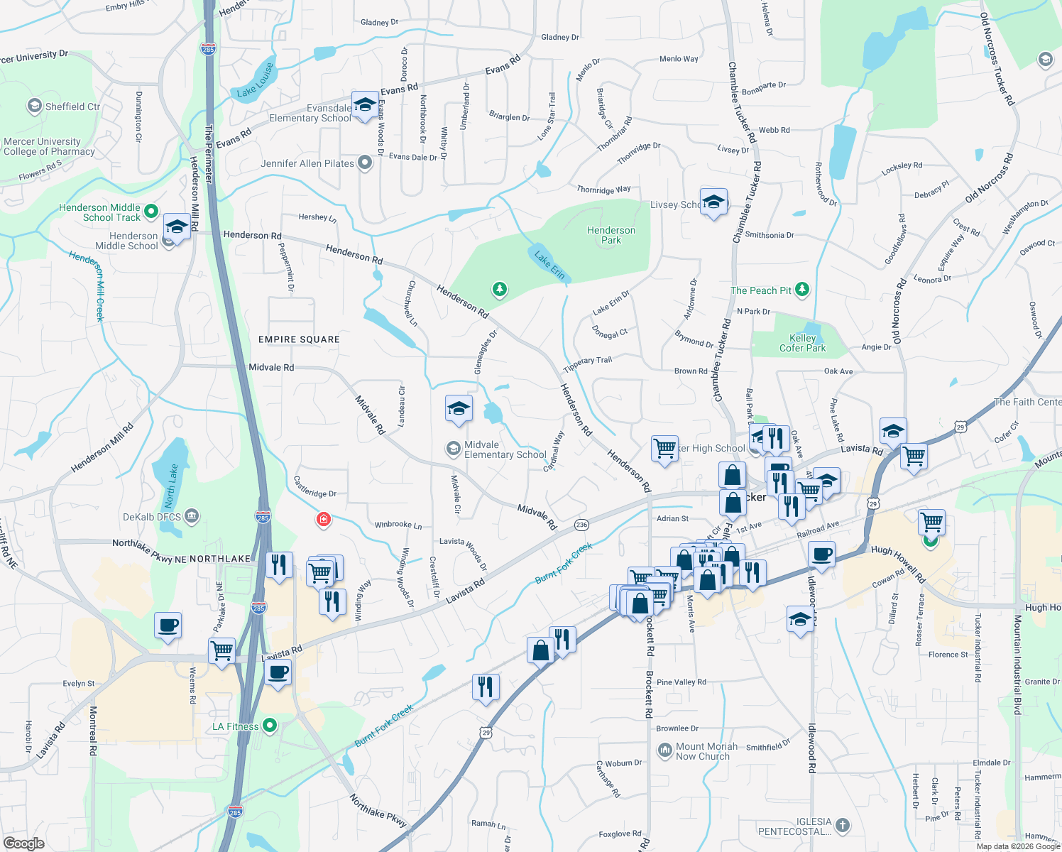 map of restaurants, bars, coffee shops, grocery stores, and more near 3873 Cardinal Dr in Tucker