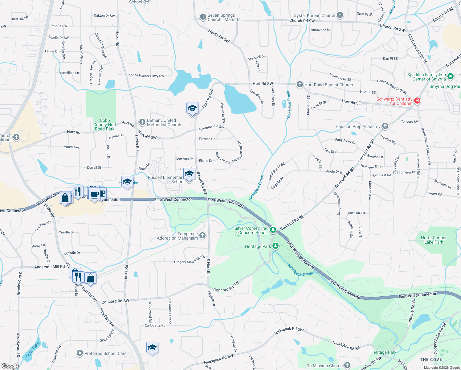 map of restaurants, bars, coffee shops, grocery stores, and more near 331 Covered Bridge Place Southwest in Smyrna