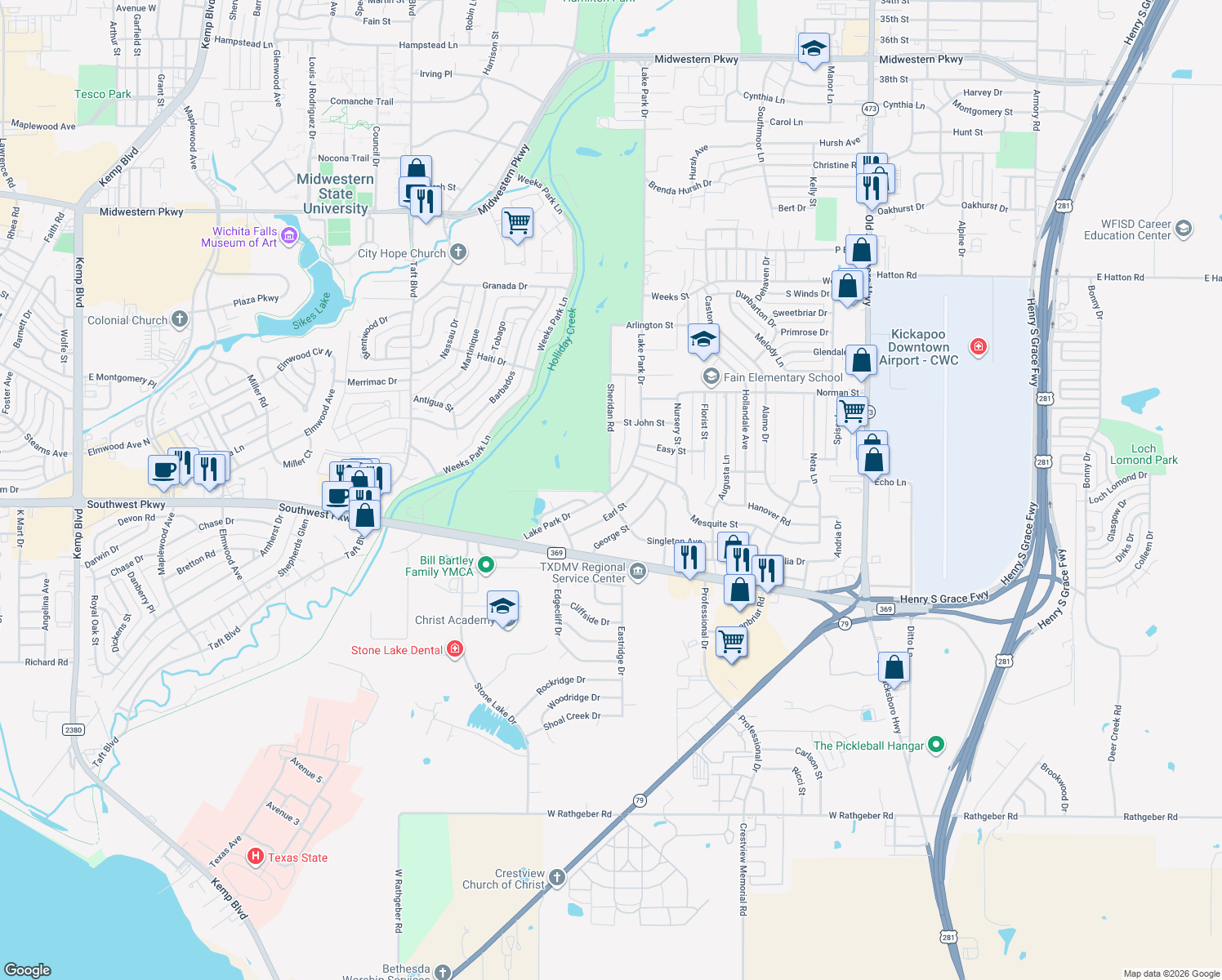 map of restaurants, bars, coffee shops, grocery stores, and more near 4815 Lake Park Dr in Wichita Falls
