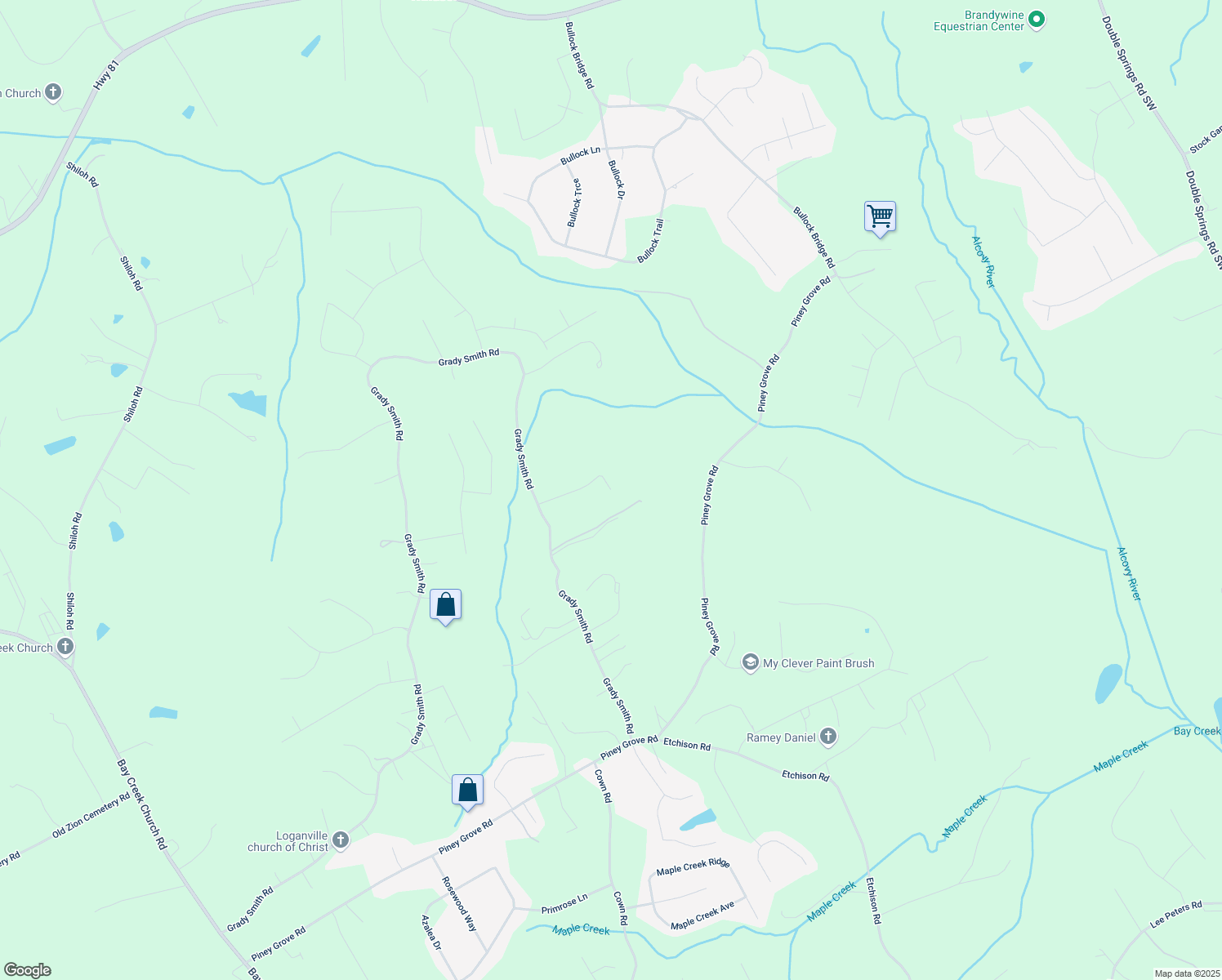 map of restaurants, bars, coffee shops, grocery stores, and more near 2400 Worth Avenue in Loganville