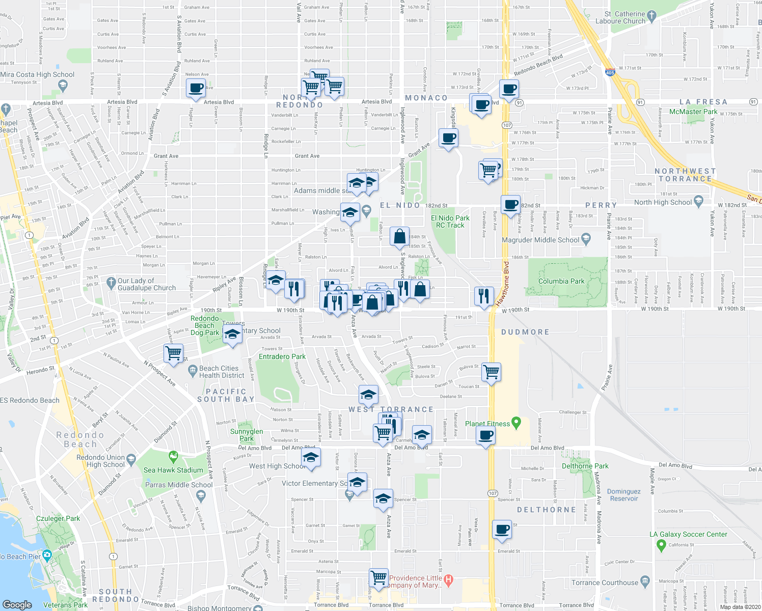 map of restaurants, bars, coffee shops, grocery stores, and more near 2521 190th Street in Redondo Beach