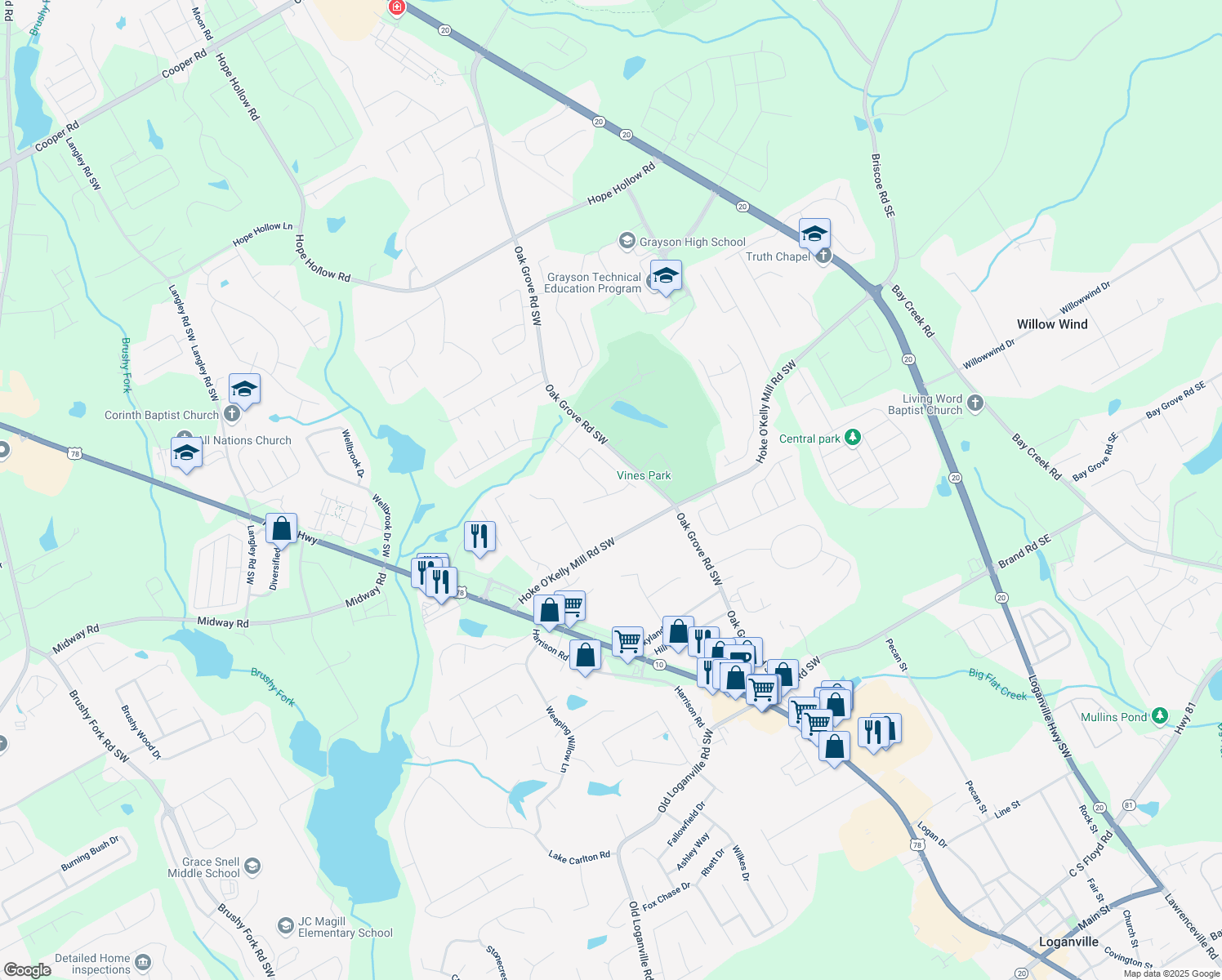 map of restaurants, bars, coffee shops, grocery stores, and more near 132 Garden Manor Court in Loganville
