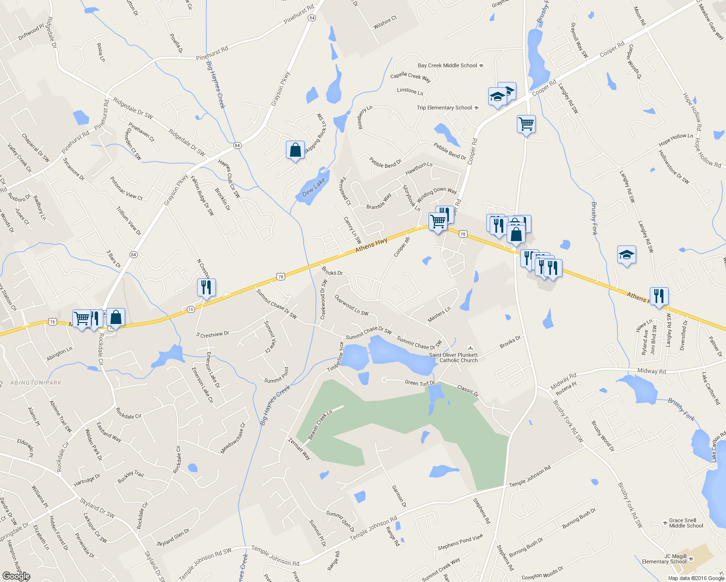 map of restaurants, bars, coffee shops, grocery stores, and more near 3034 Gayle Manor Lane Southwest in Snellville