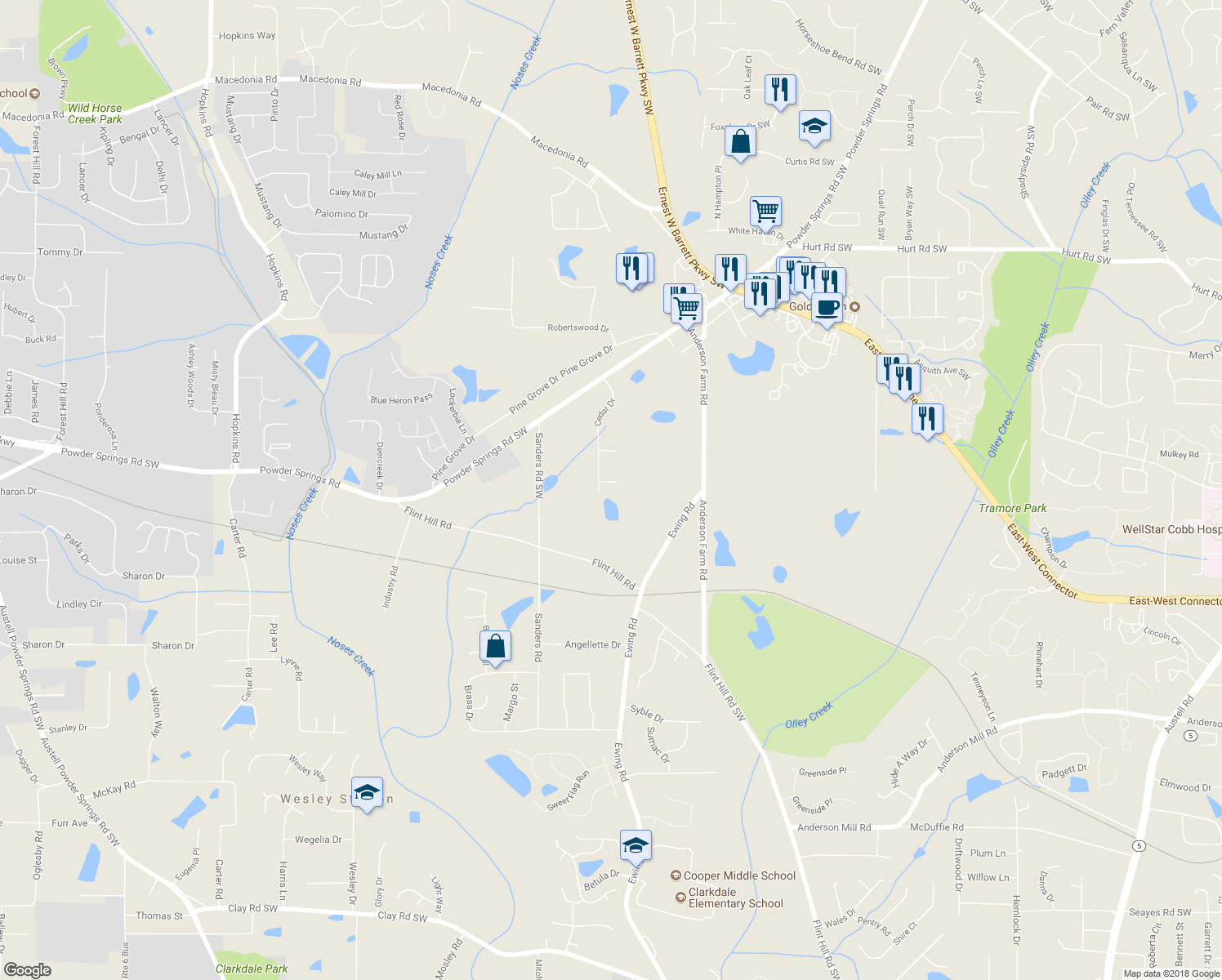 map of restaurants, bars, coffee shops, grocery stores, and more near 2867 Ash Street Southwest in Marietta