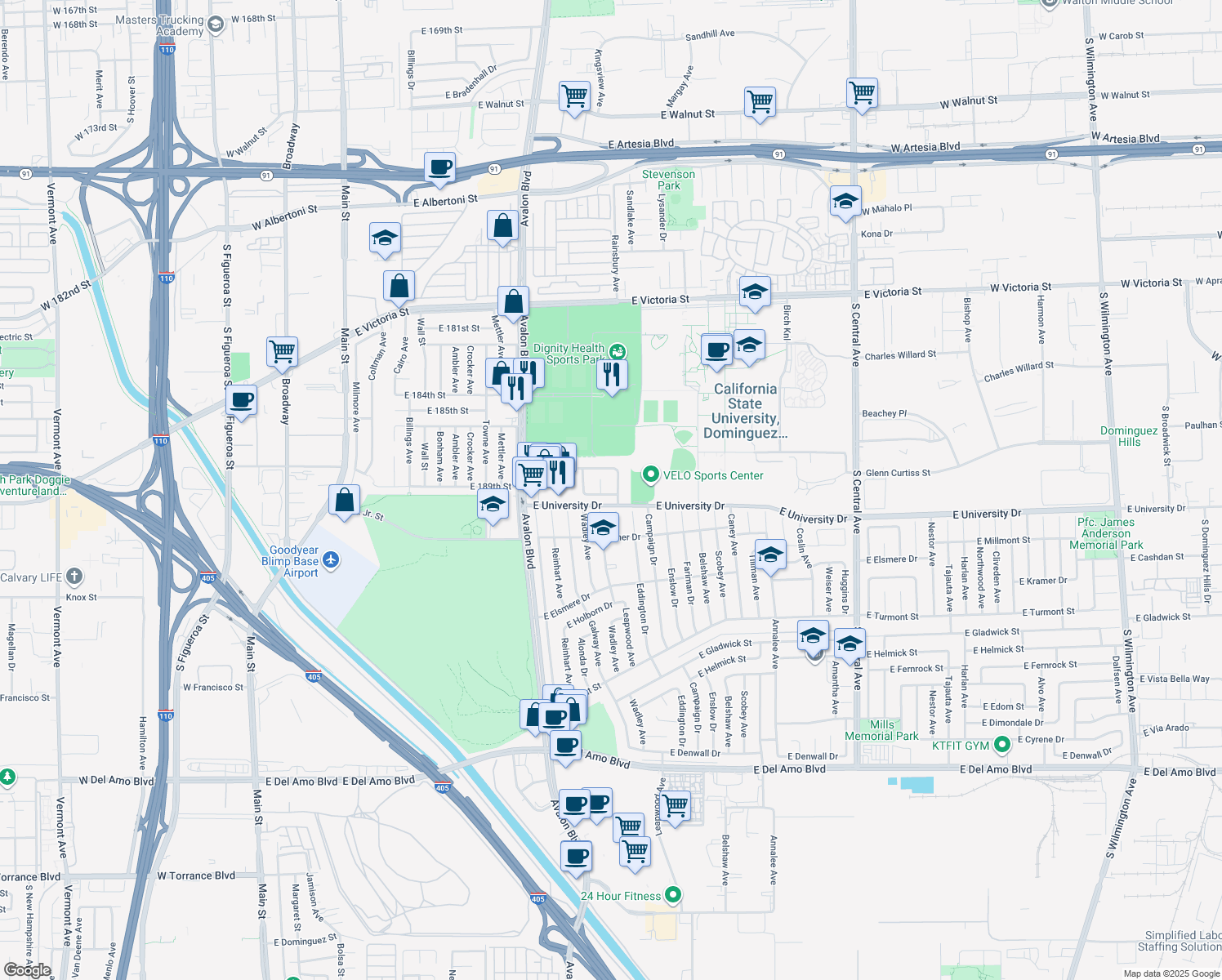 map of restaurants, bars, coffee shops, grocery stores, and more near 745 Howard Avenue in Carson