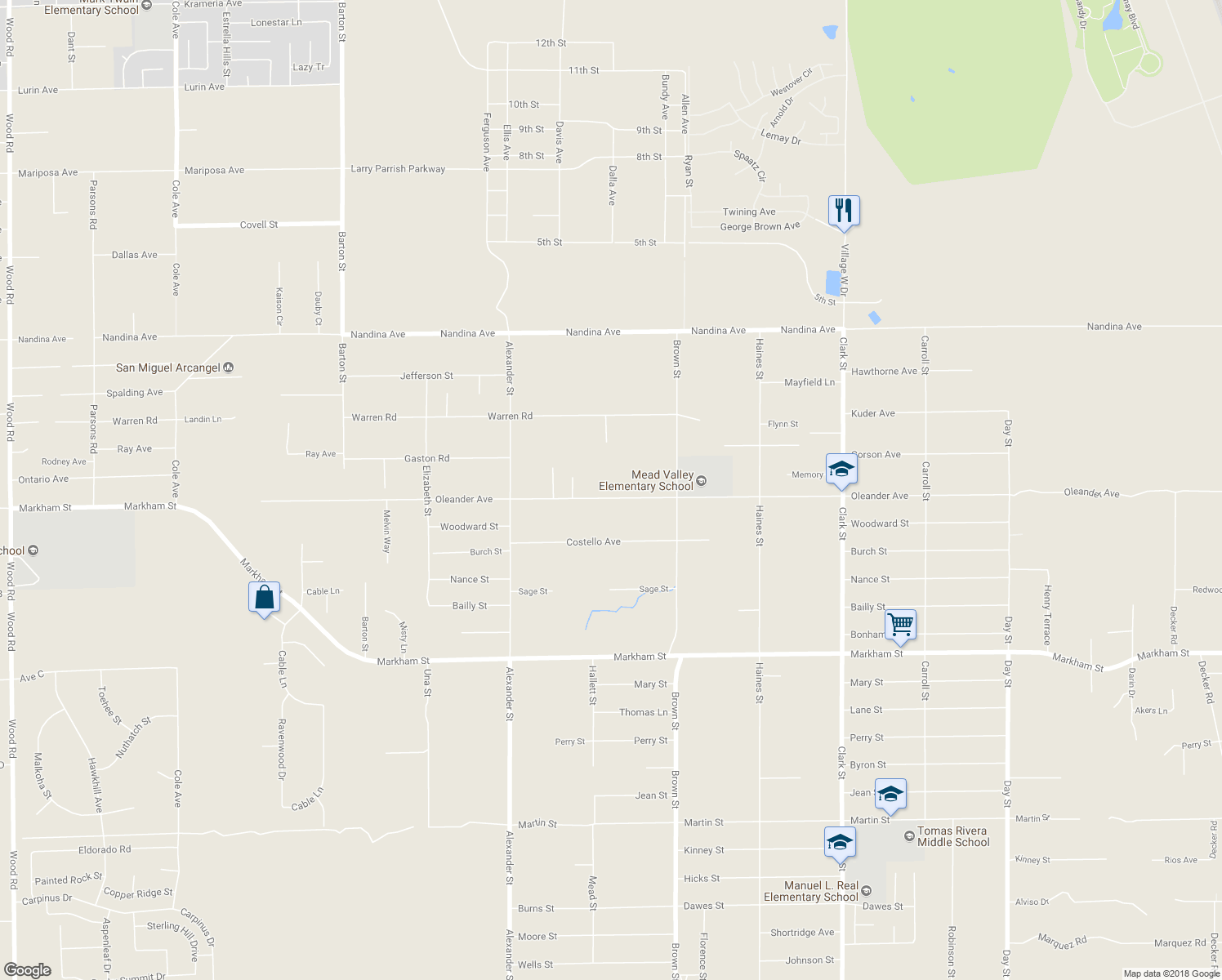 map of restaurants, bars, coffee shops, grocery stores, and more near 20810 Oleander Avenue in Perris
