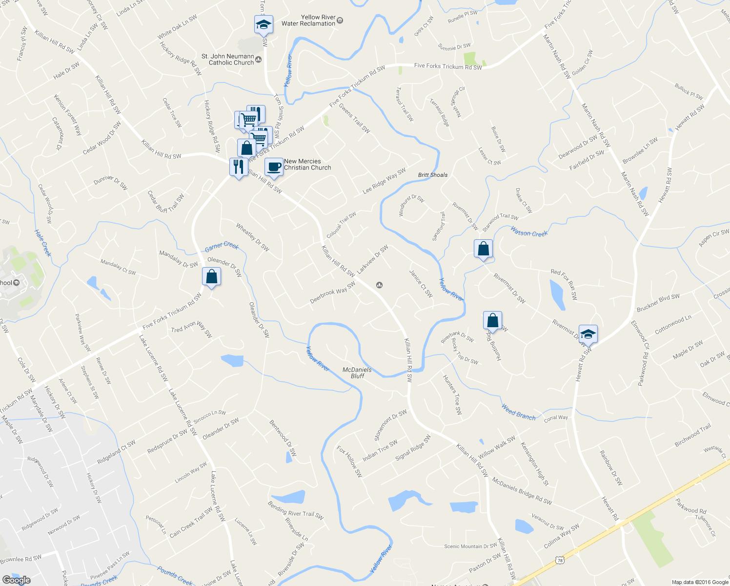 map of restaurants, bars, coffee shops, grocery stores, and more near 3986 Fawnbrook Way Southwest in Lilburn