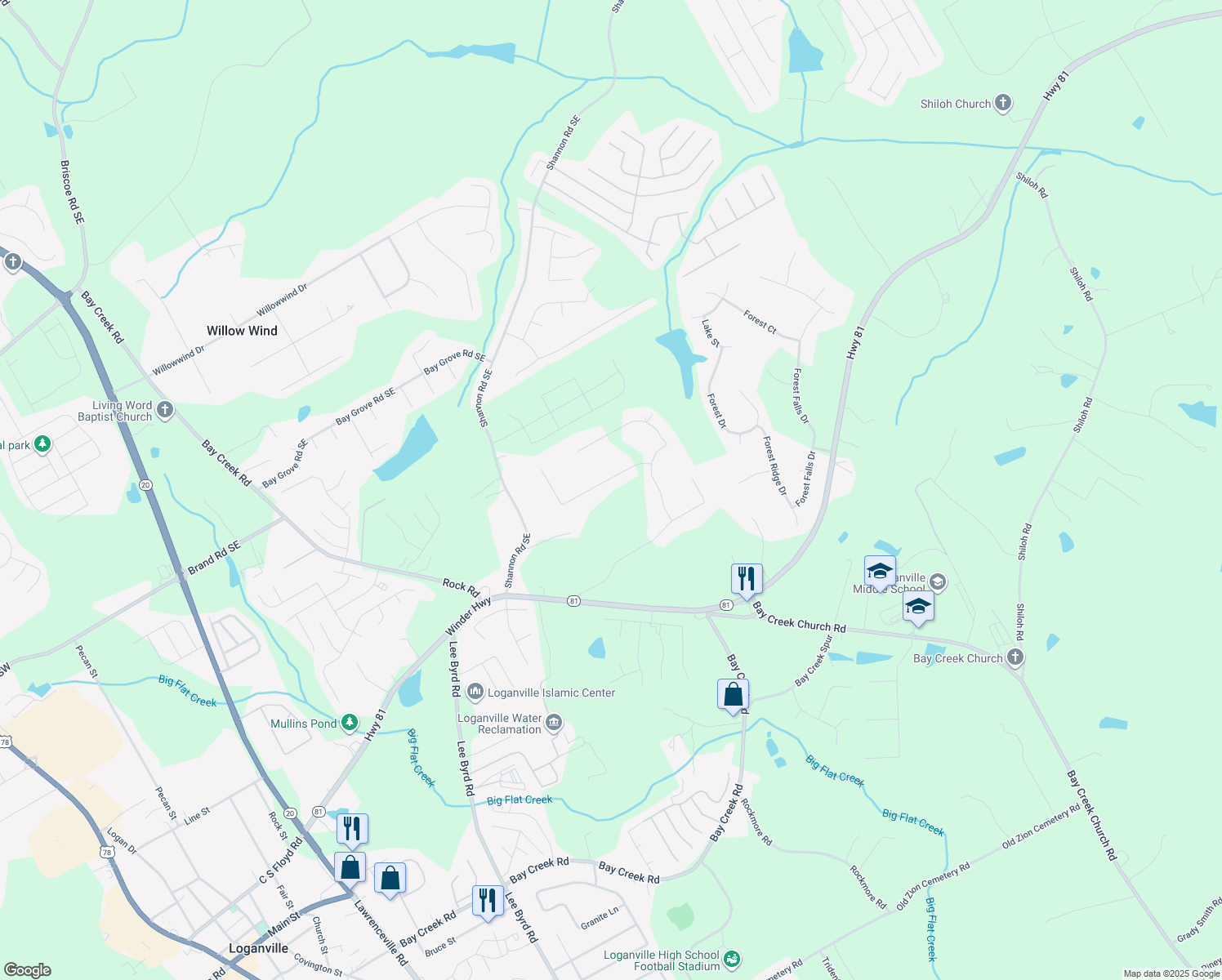 map of restaurants, bars, coffee shops, grocery stores, and more near 3214 Holly Stand Court in Loganville