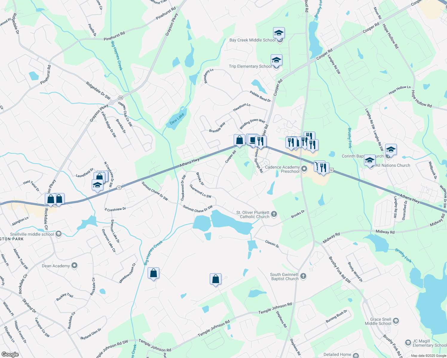 map of restaurants, bars, coffee shops, grocery stores, and more near 2920 Summit Point Court in Snellville