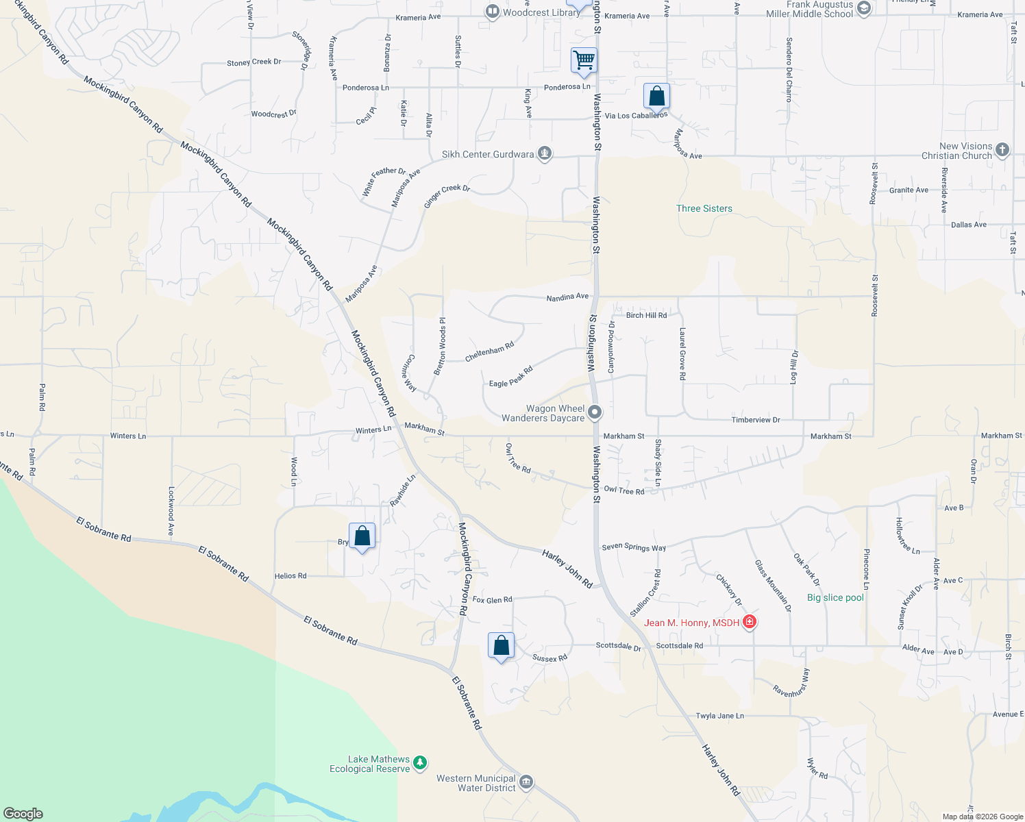 map of restaurants, bars, coffee shops, grocery stores, and more near 16696 Edge Gate Drive in Riverside