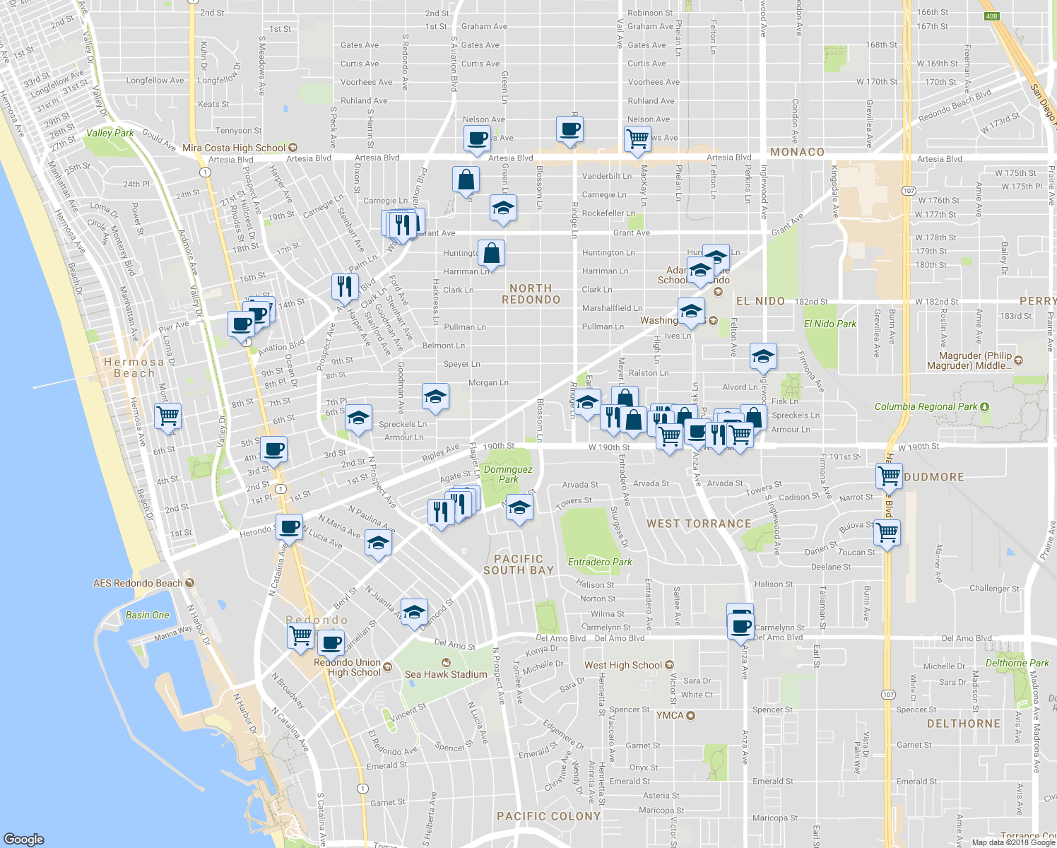 map of restaurants, bars, coffee shops, grocery stores, and more near 516 Cluster Lane in Redondo Beach