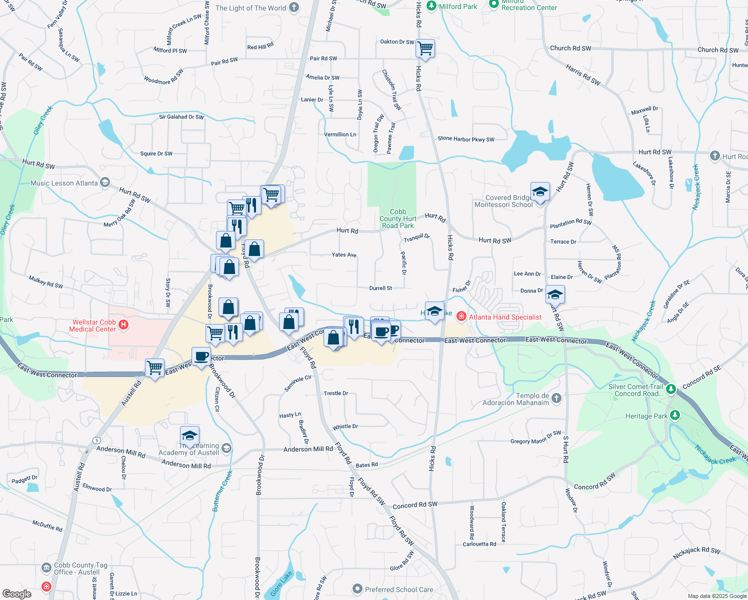 map of restaurants, bars, coffee shops, grocery stores, and more near 1065 Dalby Way in Austell