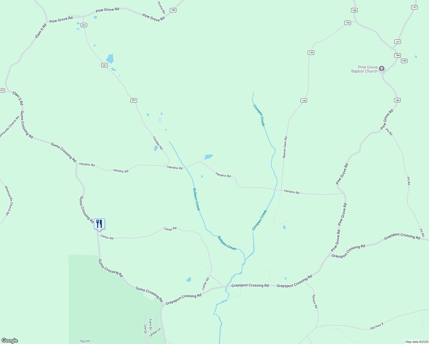map of restaurants, bars, coffee shops, grocery stores, and more near Hendrix Road in Grenada County