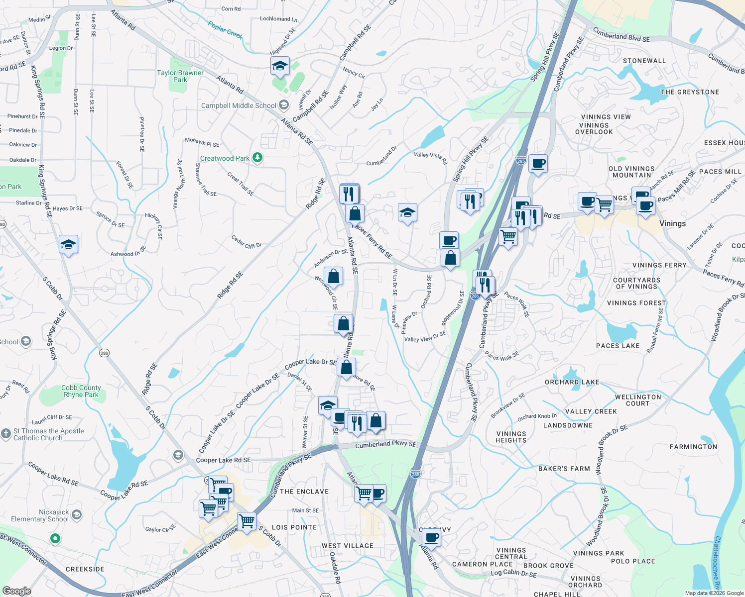 map of restaurants, bars, coffee shops, grocery stores, and more near 3891 Wakefield Hall Square in Smyrna