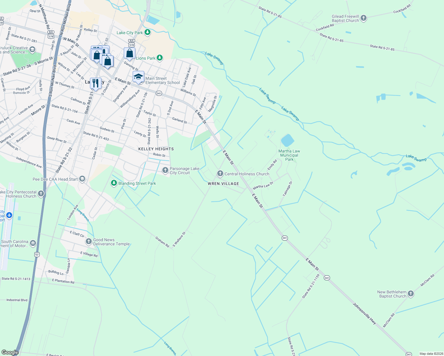 map of restaurants, bars, coffee shops, grocery stores, and more near 911 Salters Street in Lake City