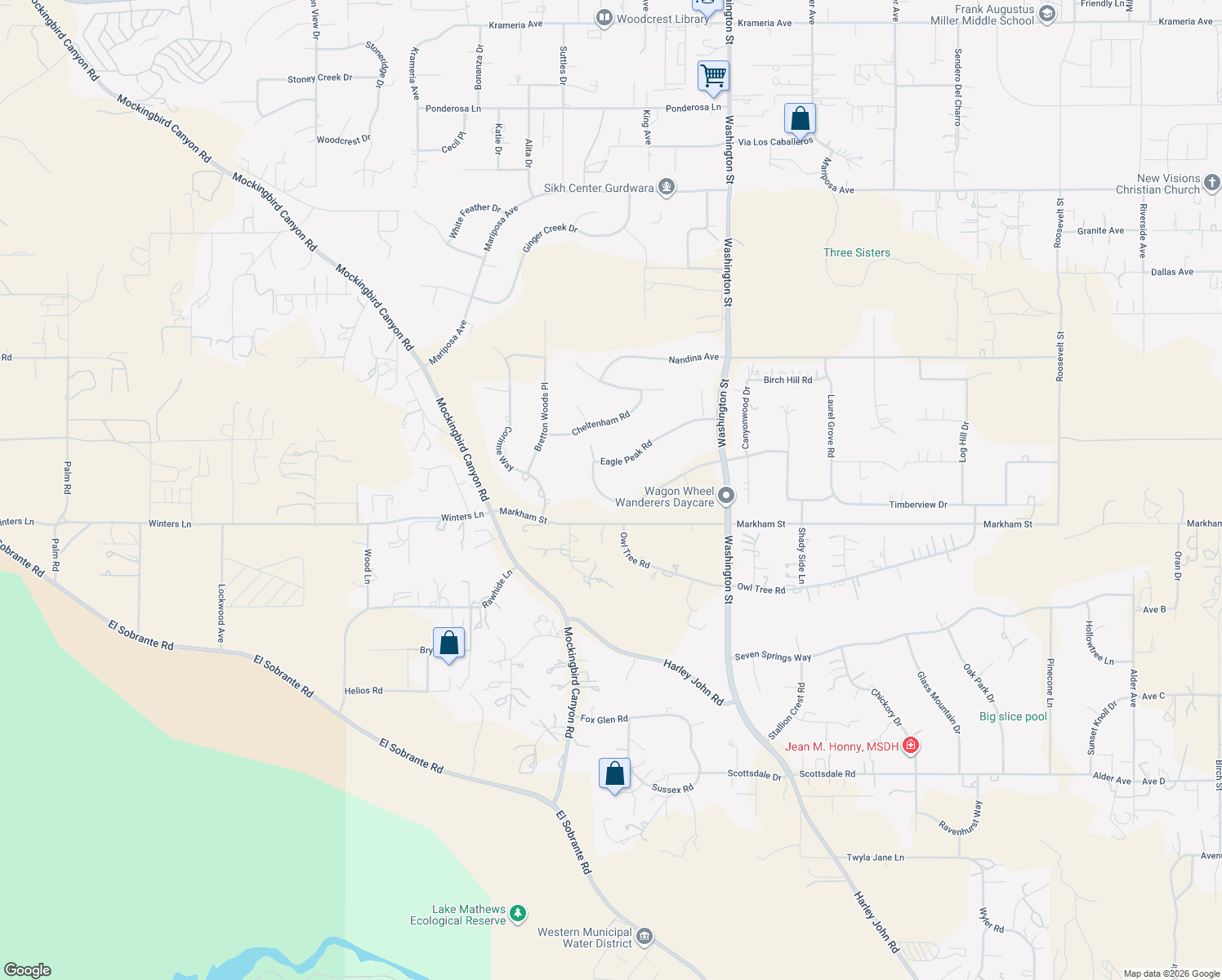 map of restaurants, bars, coffee shops, grocery stores, and more near 16696 Edge Gate Drive in Riverside