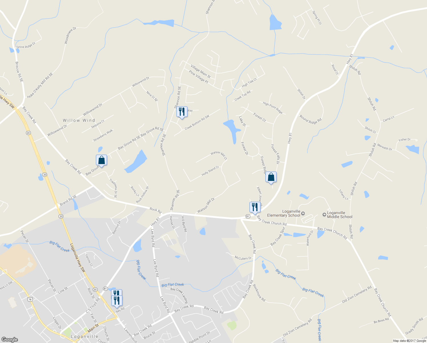 map of restaurants, bars, coffee shops, grocery stores, and more near 3214 Holly Stand Court in Loganville