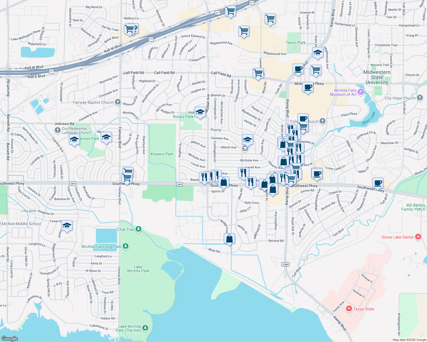 map of restaurants, bars, coffee shops, grocery stores, and more near 4448 Cunningham Drive in Wichita Falls