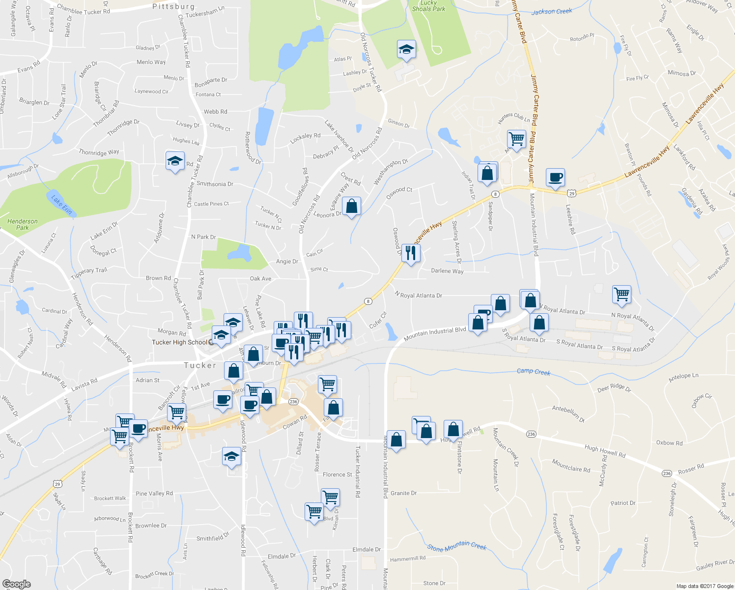 map of restaurants, bars, coffee shops, grocery stores, and more near 4514 Lawrenceville Highway in Tucker