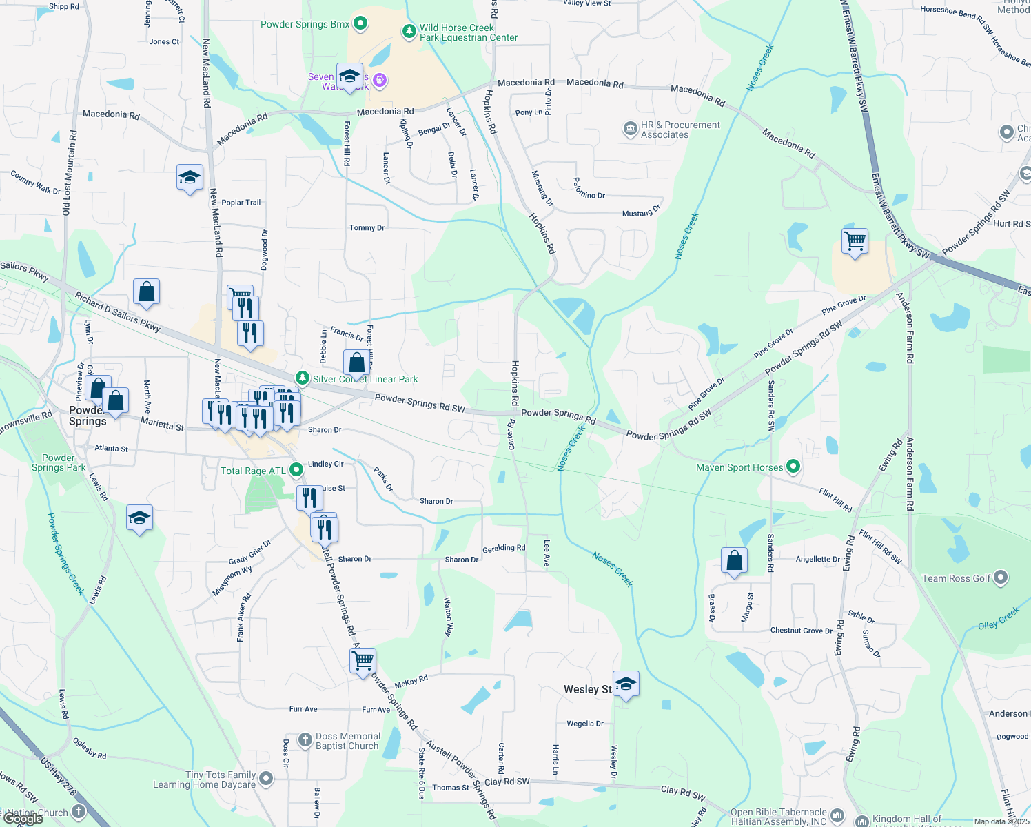 map of restaurants, bars, coffee shops, grocery stores, and more near 3605 Powder Springs Road Southwest in Powder Springs