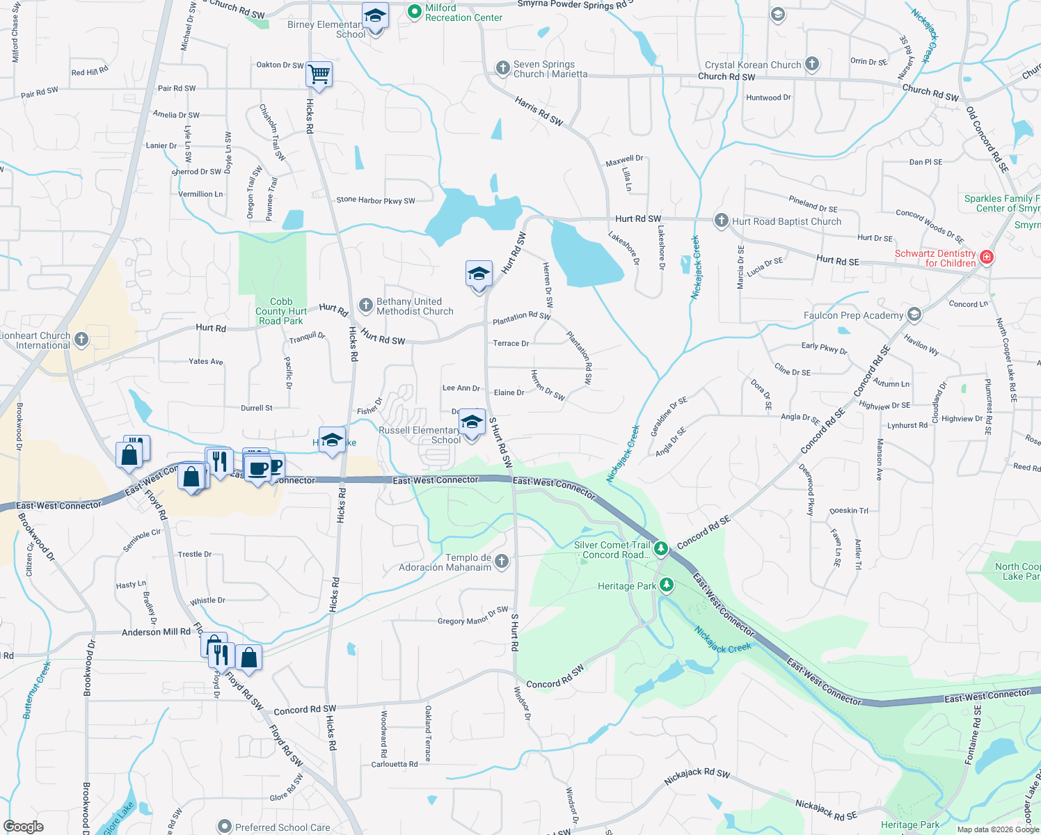 map of restaurants, bars, coffee shops, grocery stores, and more near 204 Plantation Road Southwest in Smyrna