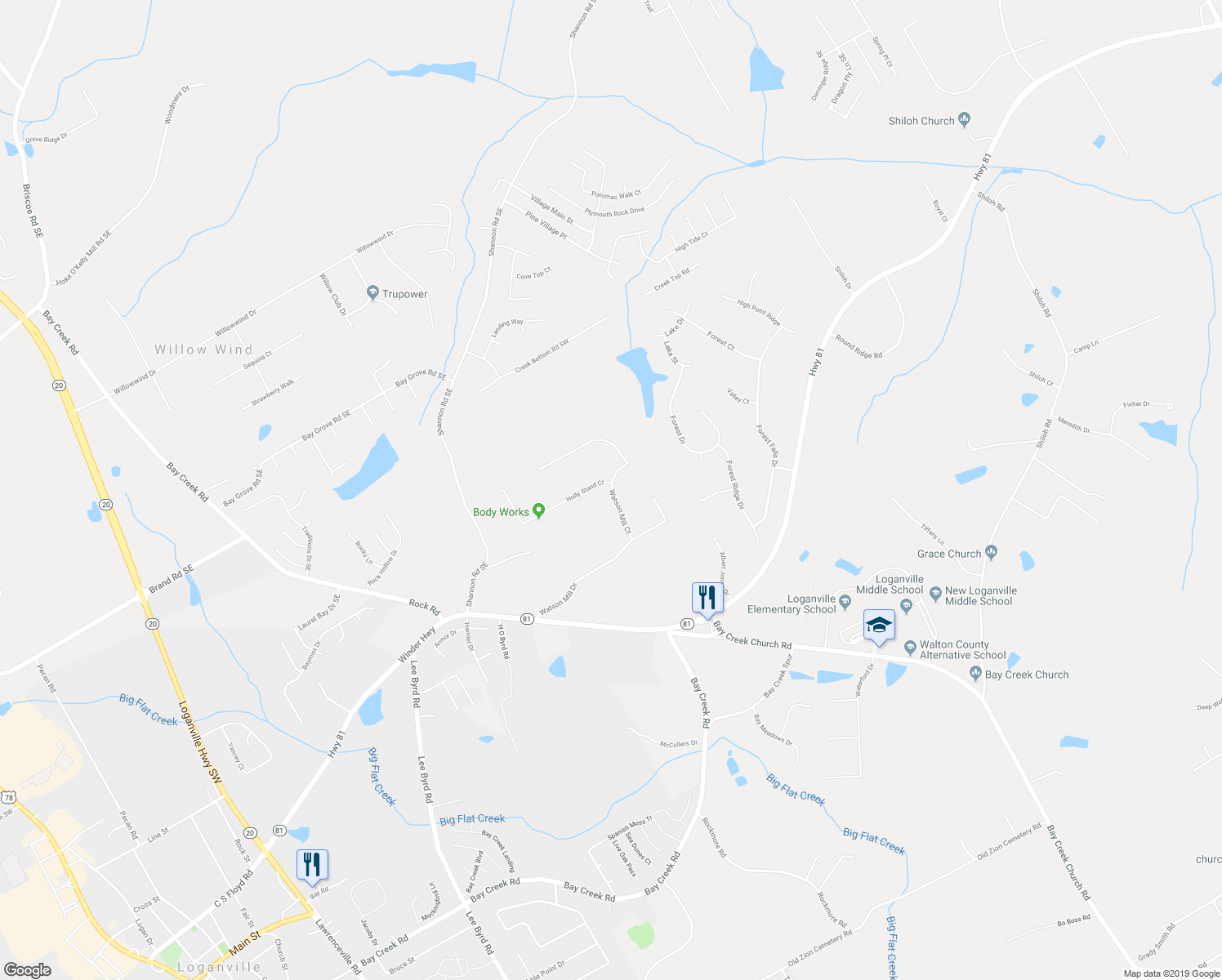 map of restaurants, bars, coffee shops, grocery stores, and more near 3746 Watson Mill Court in Loganville