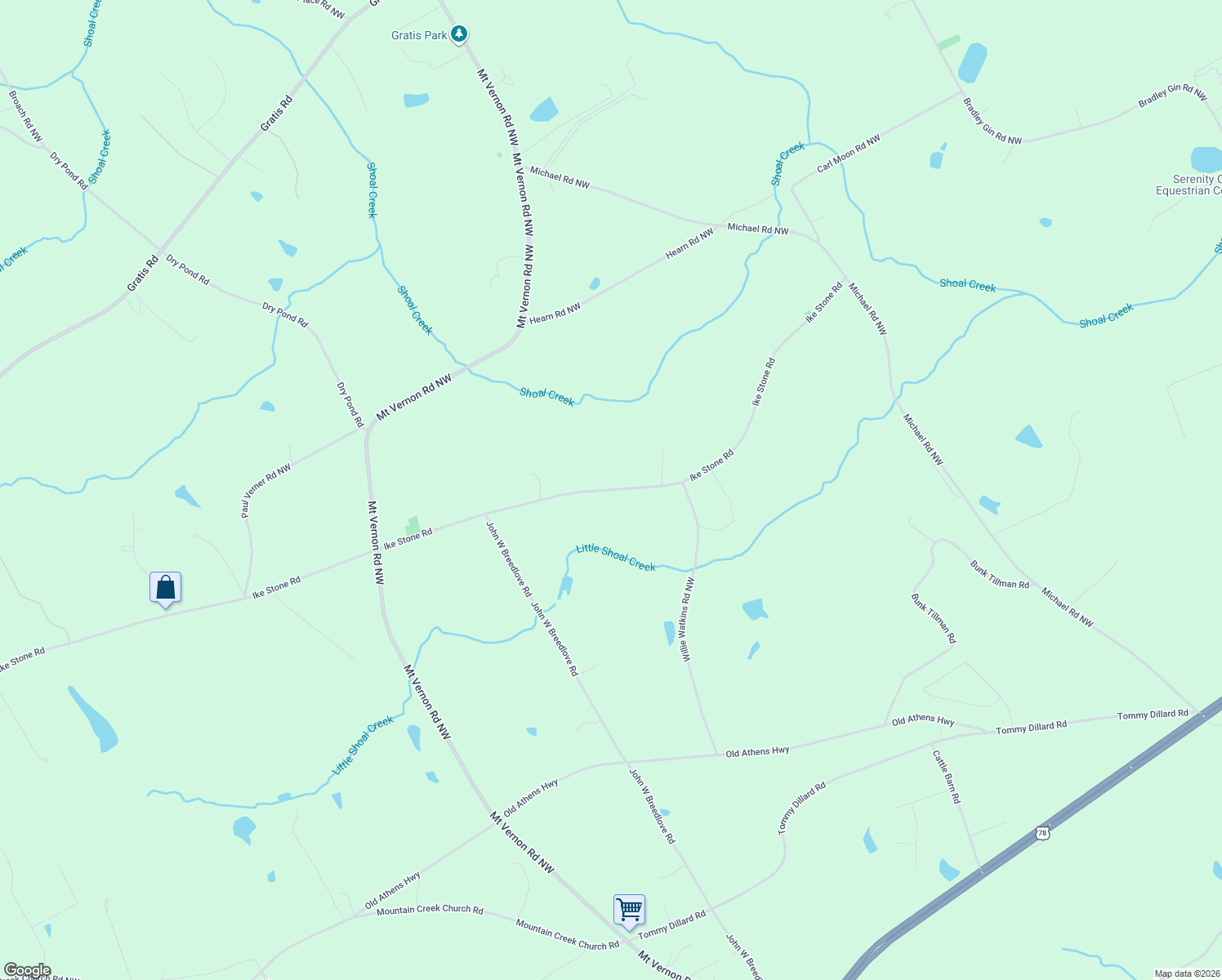 map of restaurants, bars, coffee shops, grocery stores, and more near 2781 Ike Stone Road in Monroe