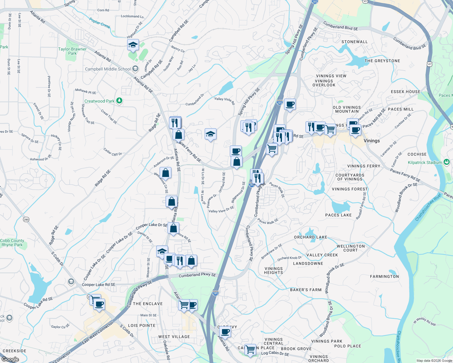 map of restaurants, bars, coffee shops, grocery stores, and more near 3833 Orchard Rd SE in Smyrna