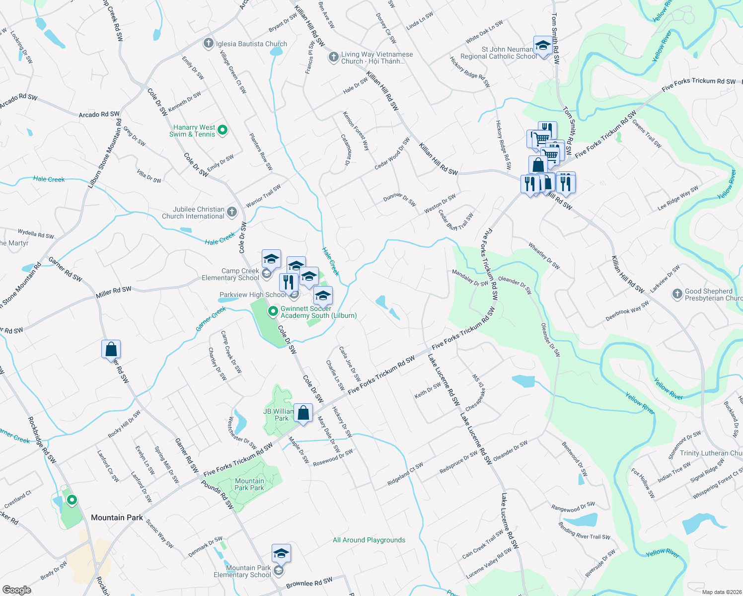 map of restaurants, bars, coffee shops, grocery stores, and more near 4785 Admiral Ridge Way Southwest in Lilburn