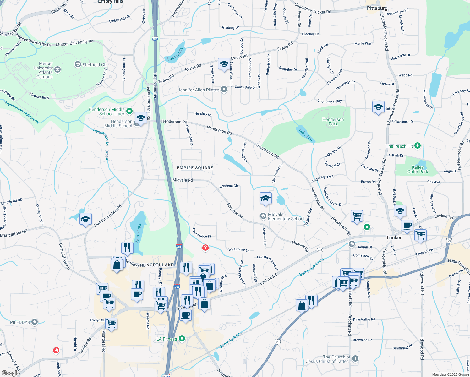 map of restaurants, bars, coffee shops, grocery stores, and more near 2558 Landeau Circle in Tucker
