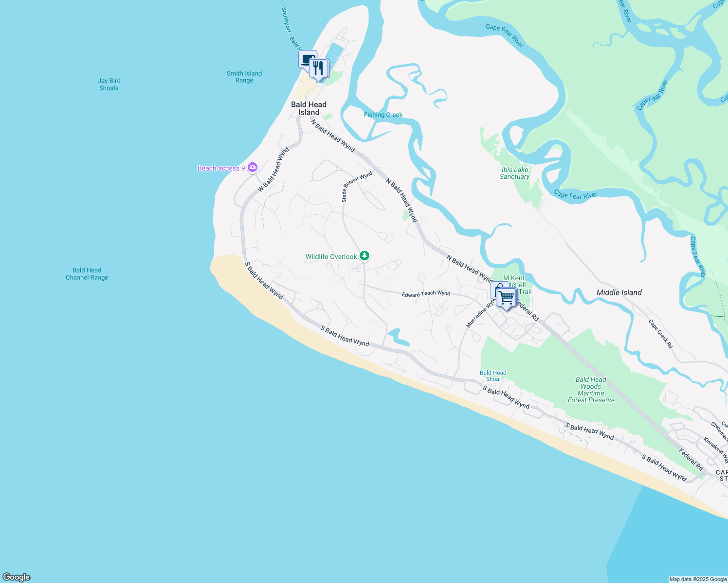 map of restaurants, bars, coffee shops, grocery stores, and more near 332 Stede Bonnet Wynd in Bald Head Island
