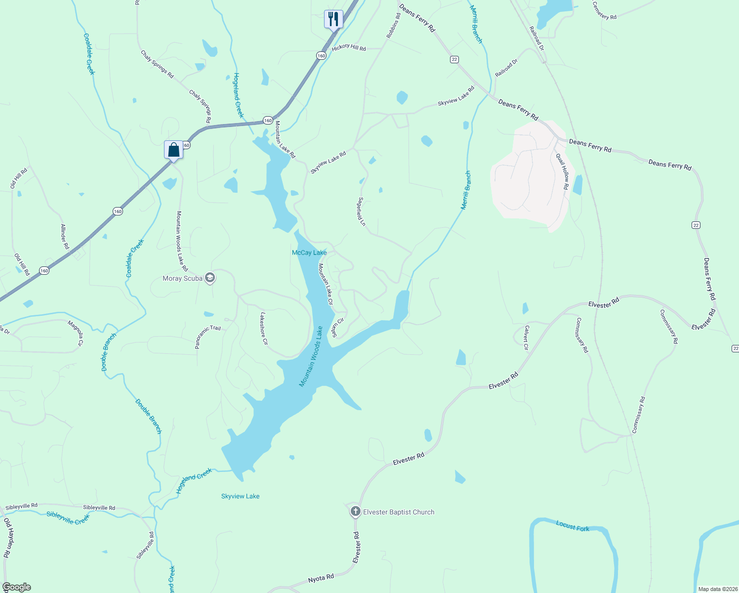 map of restaurants, bars, coffee shops, grocery stores, and more near 1545 Mountain Lake Road in Warrior
