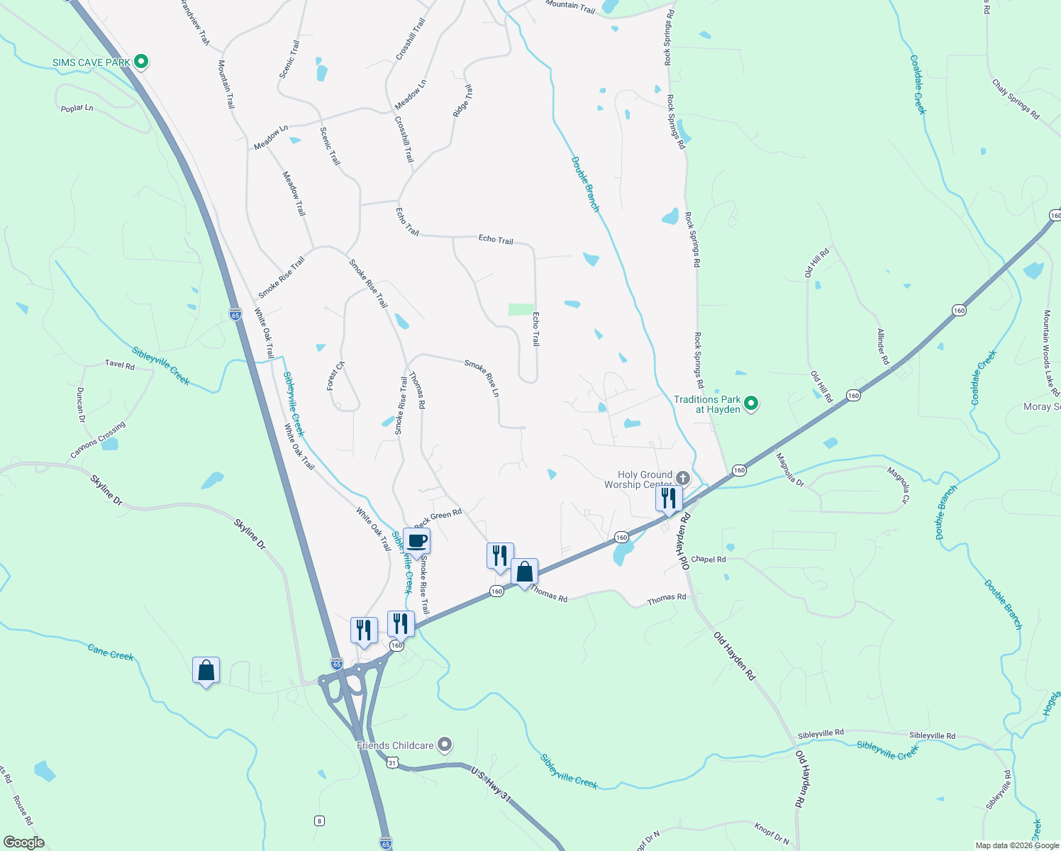map of restaurants, bars, coffee shops, grocery stores, and more near 585 Smoke Rise Lane in Warrior