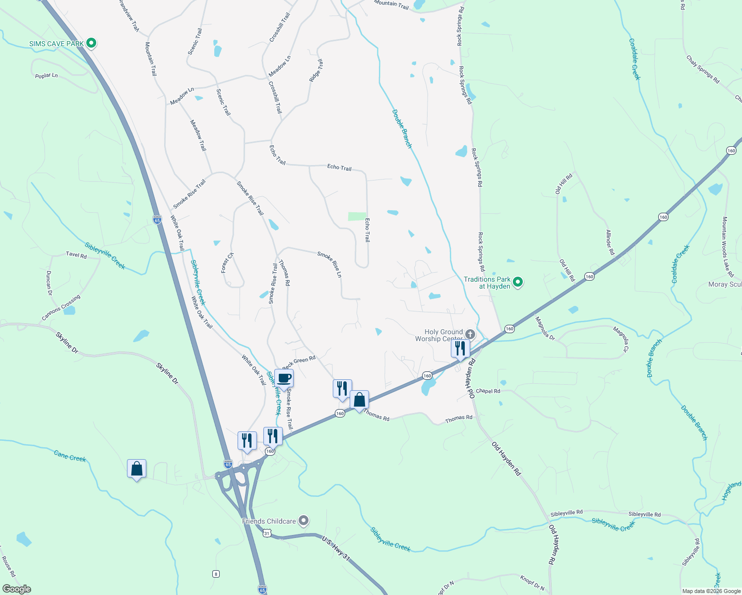 map of restaurants, bars, coffee shops, grocery stores, and more near 585 Smoke Rise Lane in Warrior