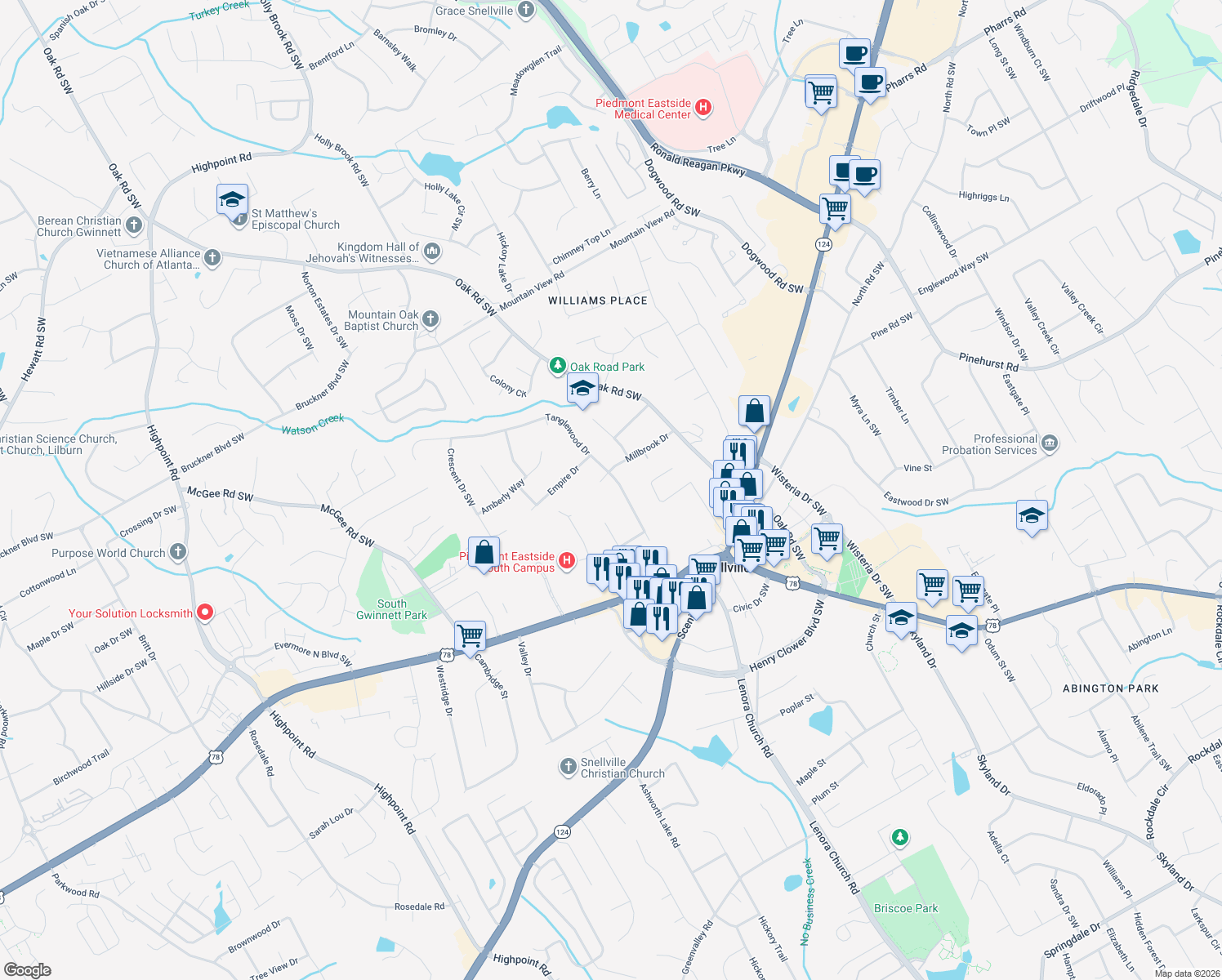 map of restaurants, bars, coffee shops, grocery stores, and more near 2117 Tanglewood Dr in Snellville