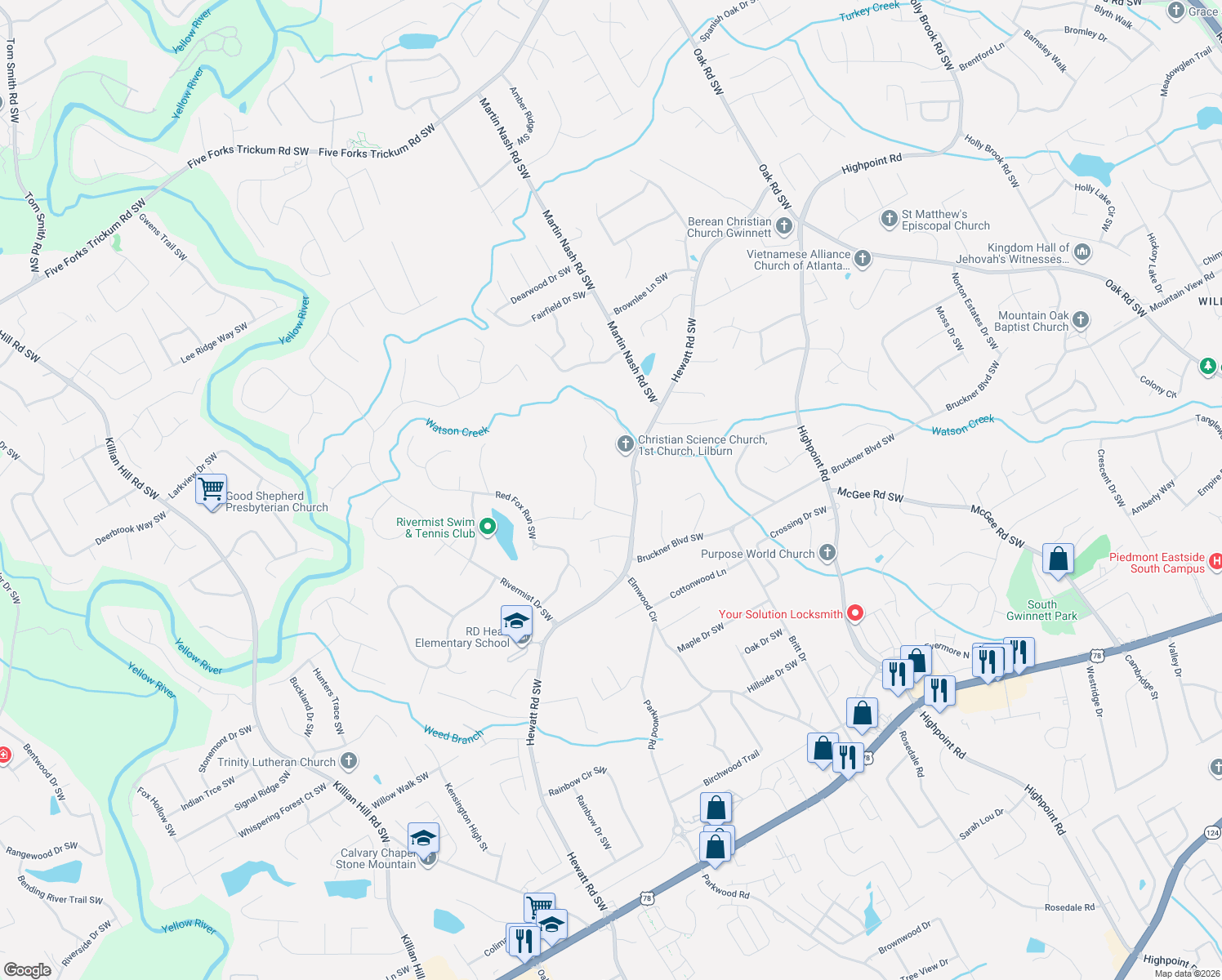 map of restaurants, bars, coffee shops, grocery stores, and more near 3463 Vista Trail Southwest in Lilburn