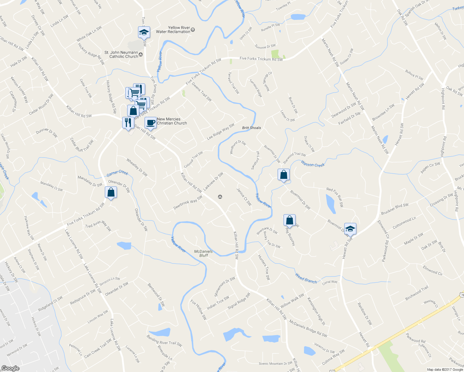map of restaurants, bars, coffee shops, grocery stores, and more near 1373 Janice Court Southwest in Lilburn