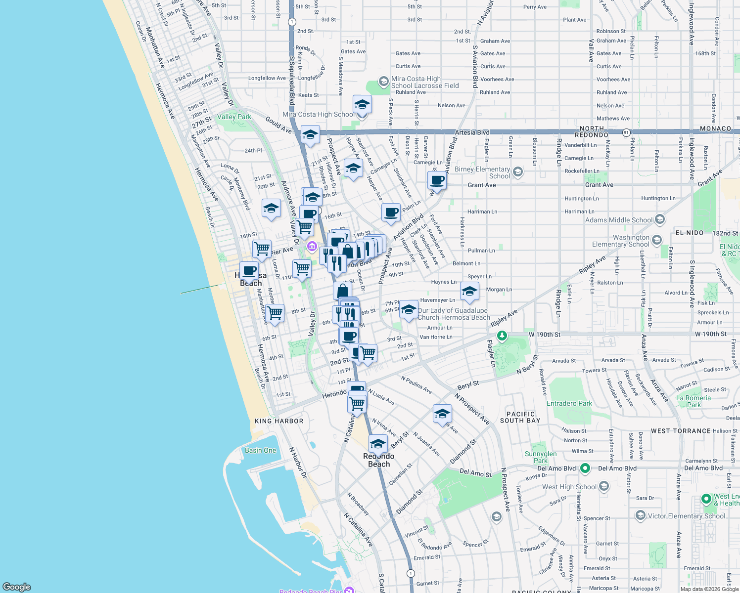 map of restaurants, bars, coffee shops, grocery stores, and more near 1025 7th Street in Hermosa Beach