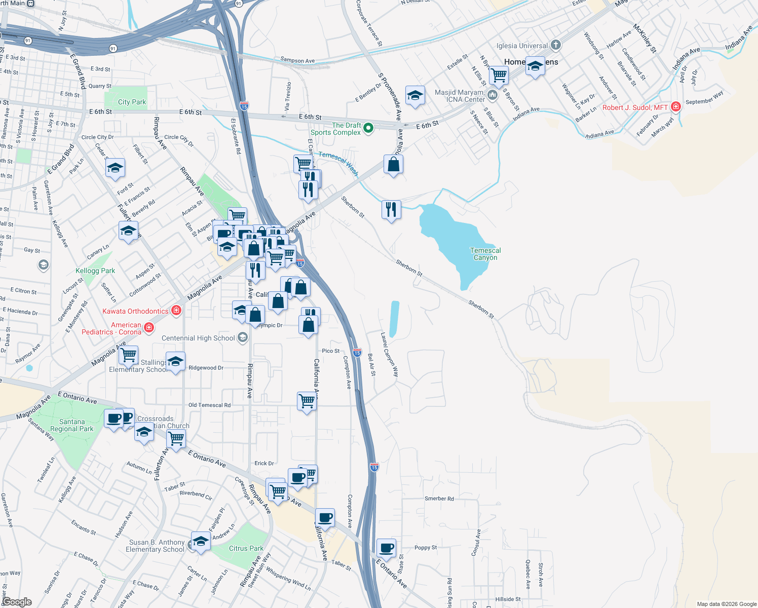 map of restaurants, bars, coffee shops, grocery stores, and more near 1651 Laurel Canyon Way in Corona